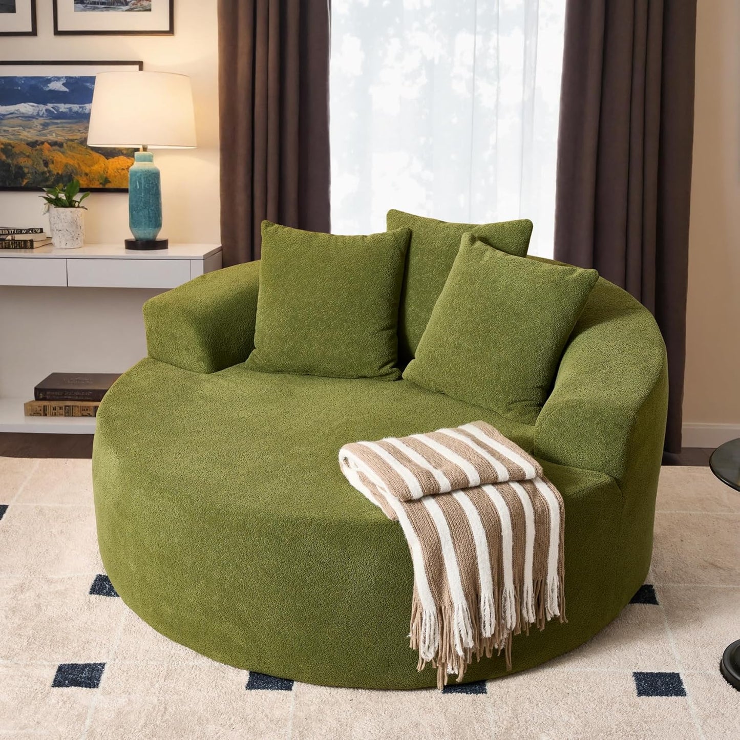 ovios 58" Oversized Round Chair Lounge Chaise Indoor, No Assembly Required, Cloud Large Circle Chair with Plush Fuax Fur, Fluffy Modern Sleeper Sofa Bed for Reading Yoga, Black (Plush Corduroy Fabric)