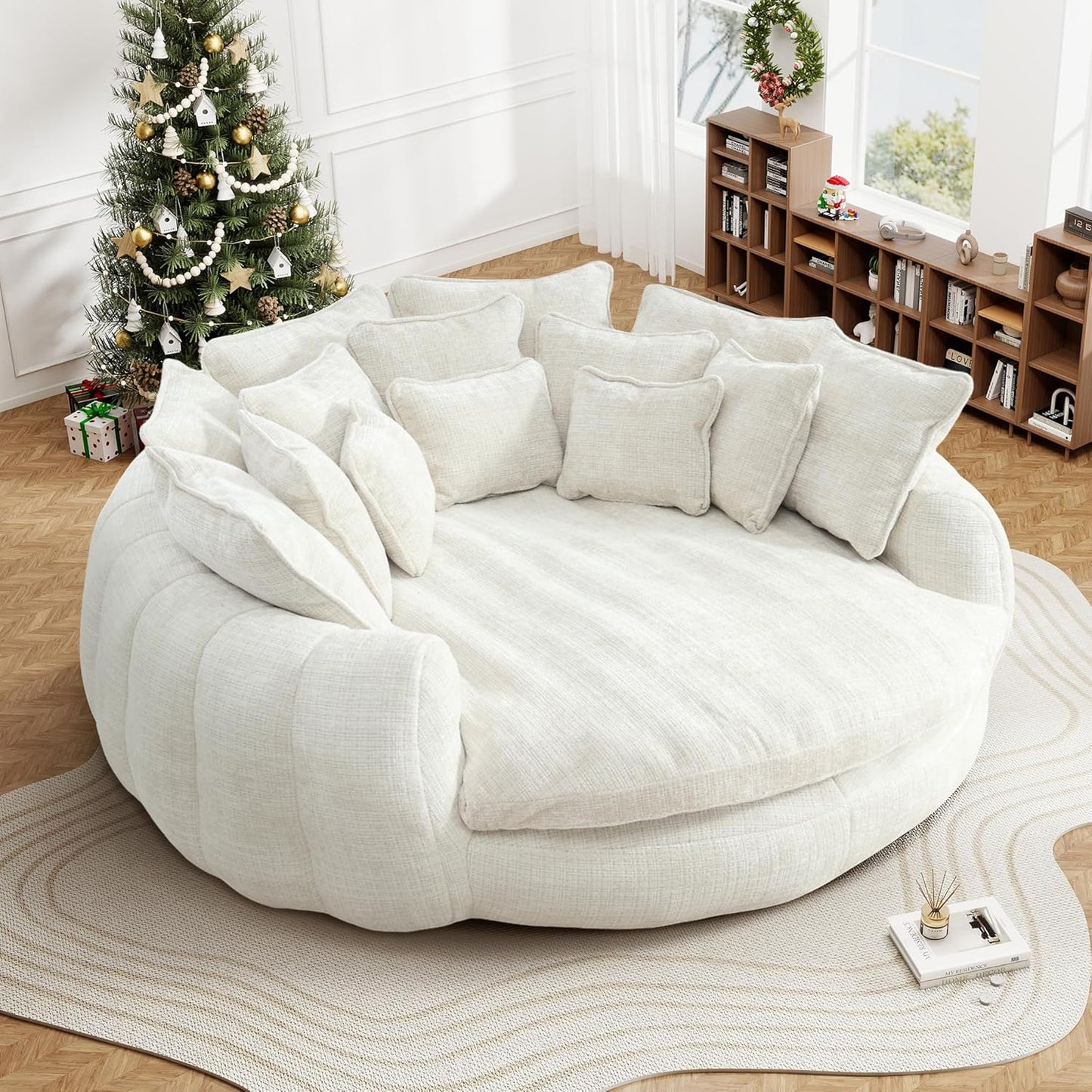 82'' Oversized Upholstered Sofa Bed, Round Chaise Lounge Chair Indoor, Modern Chenille Boneless Couch, No Assembly Required, Plush Sleeper Chair with 14 Pillows for Living Room, Pink