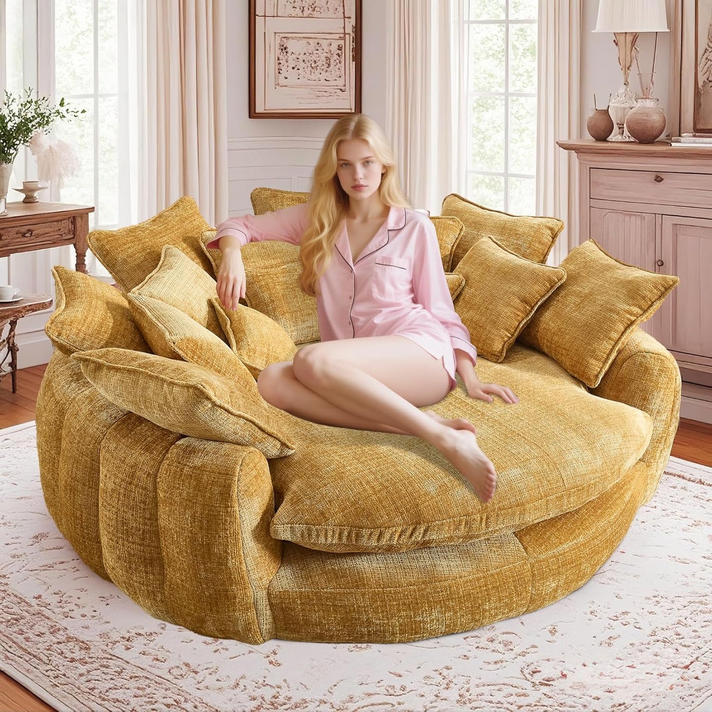 81'' Round Couches for Living Room, Comfy Boneless Couch, Circle Round Couch Bed with 14 Pillow, Oversized Chaise Lounge Chair Indoor, Floor Sleeper Sofa Bed, Full Memory Foam(Beige)