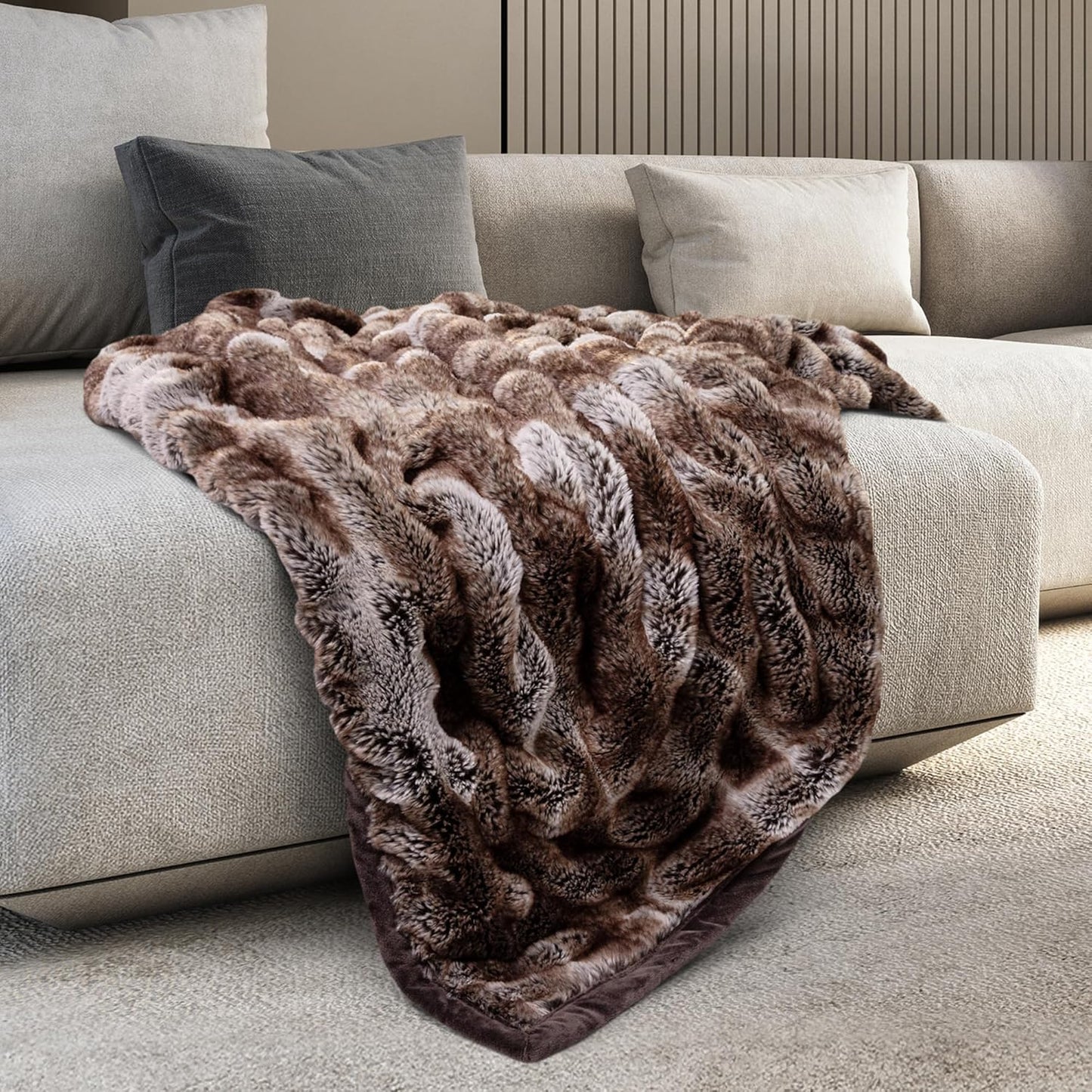 Mon Chateau Luxury Ultimate Plush Faux Fur Throw with 6cm Foldover for Couch, Sofa, or Bed - Plush Ultra Soft Blanket for Sleeping or Home Décor, 60" x 70" (Foldover Brown)