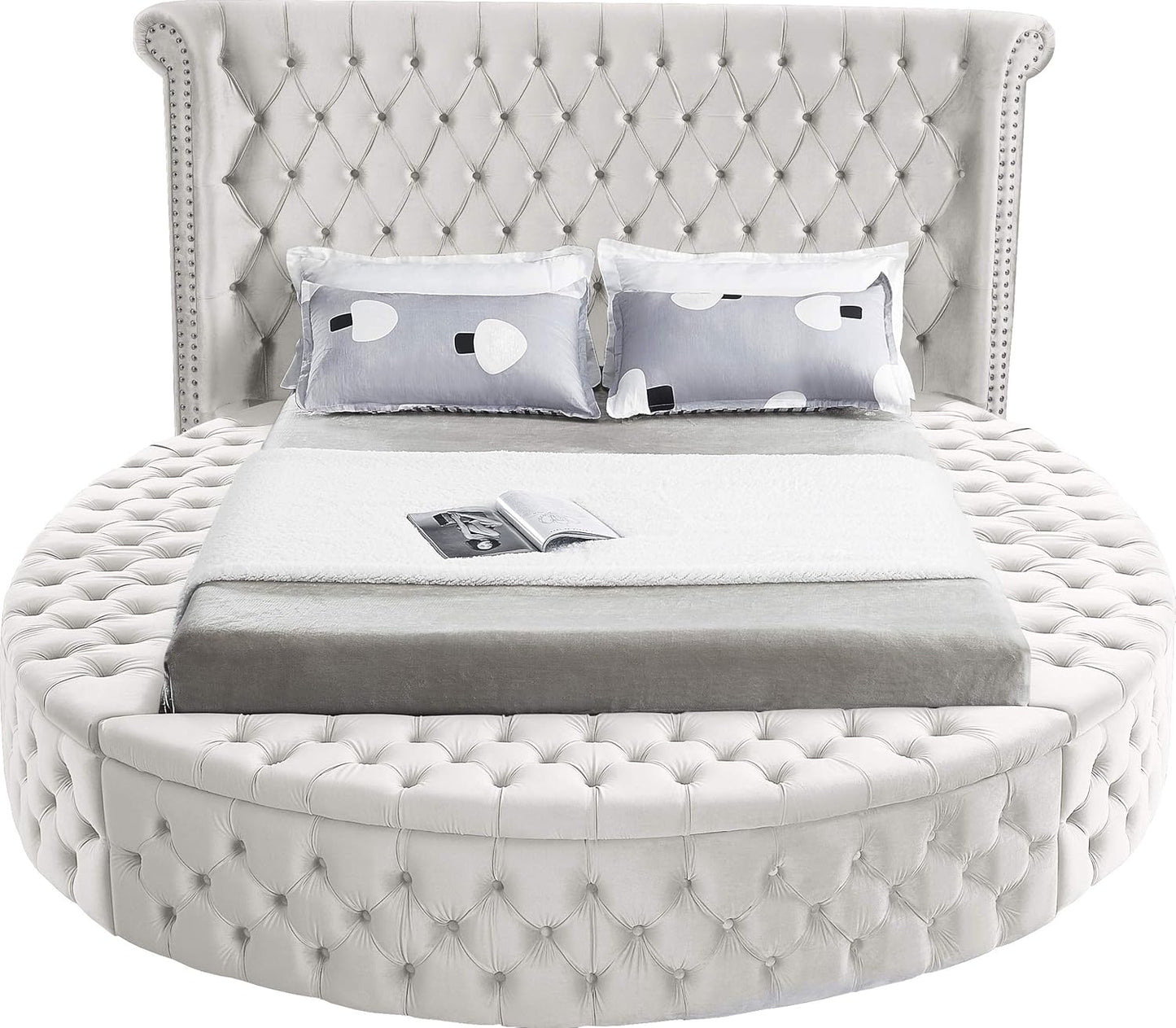 Meridian Furniture Luxus Collection Modern | Contemporary Round Shaped Velvet Upholstered Bed with Deep Button Tufting and Footboard Storage, King, Cream