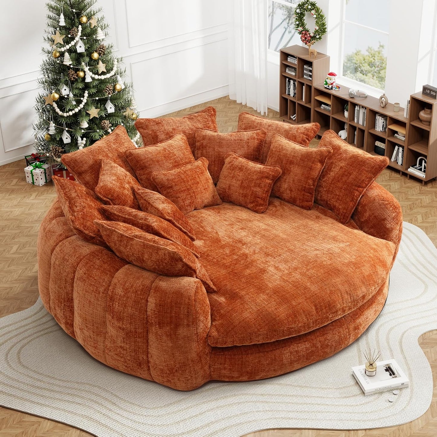 82'' Oversized Upholstered Sofa Bed, Round Chaise Lounge Chair Indoor, Modern Chenille Boneless Couch, No Assembly Required, Plush Sleeper Chair with 14 Pillows for Living Room, Pink