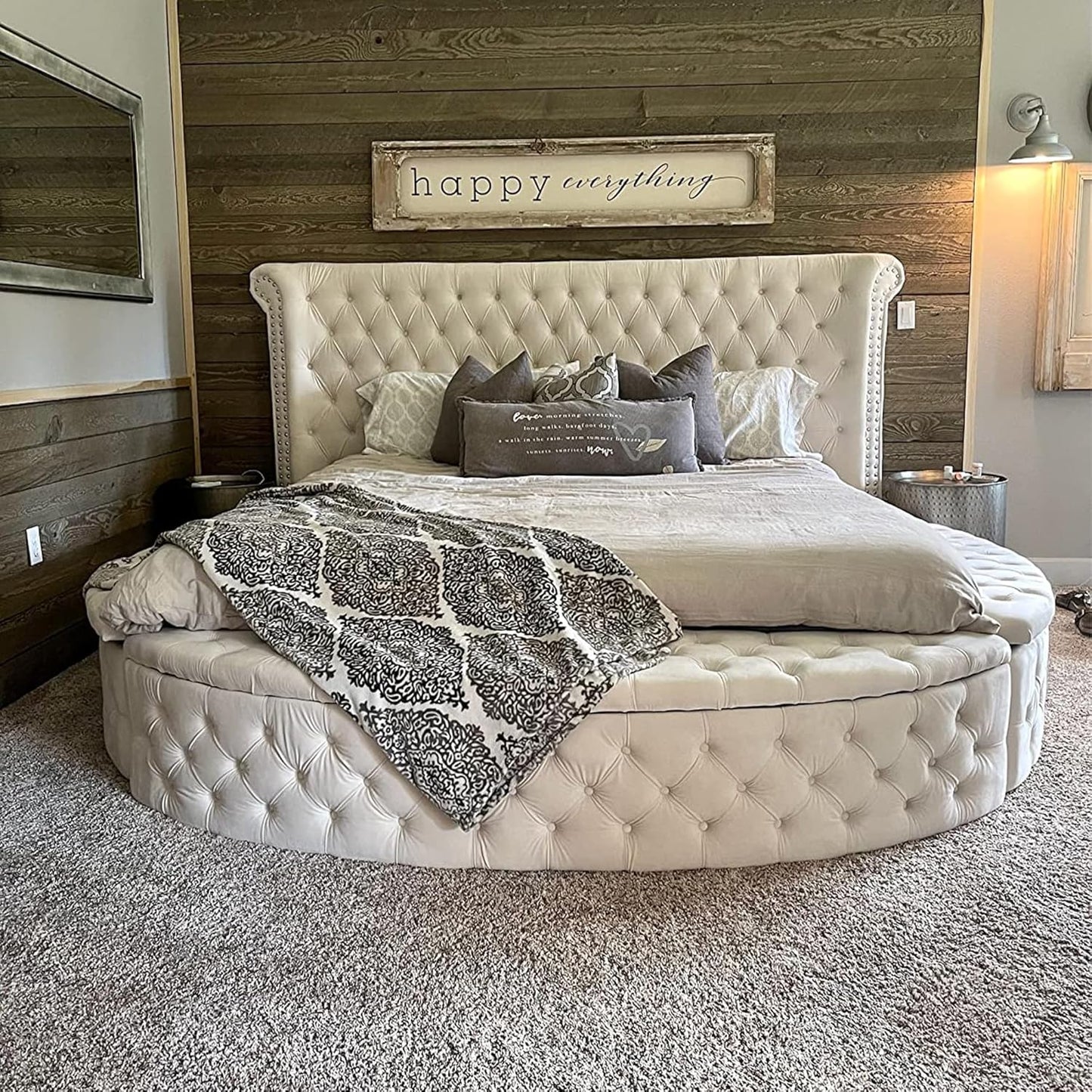 Luxury Round Bed Frame Queen - Velvet Circle Bed with Deep Button Tufting and Footboard Storage Modern Velvet Upholstered Beds with Wingback Headboard Include US- B Chargers and Speakers (Cream)