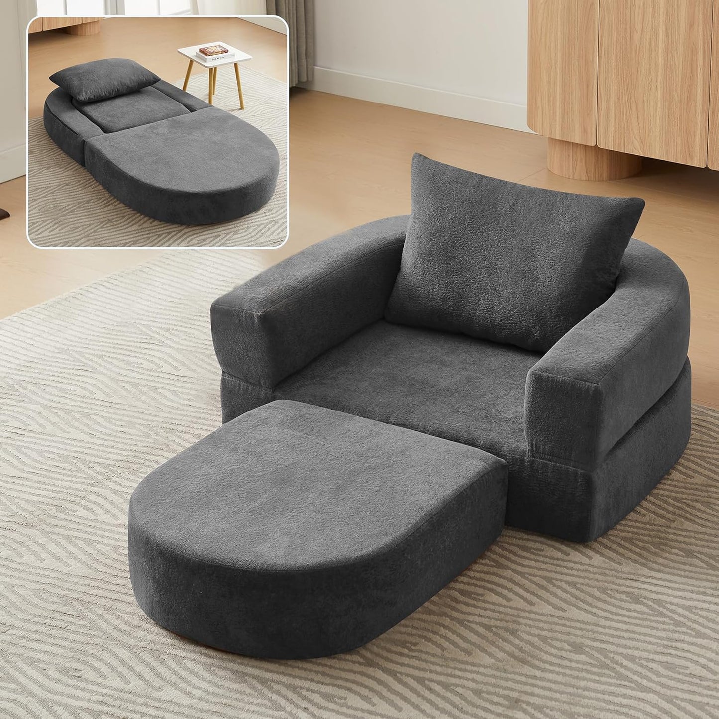 71" Convertible Sleeper Sofa Bed Upholstered Boneless Couch Floor Folding Sofa Bed Oversized Round Reading Chair, Living Room,Bedroom Apartment (Beige, 71")