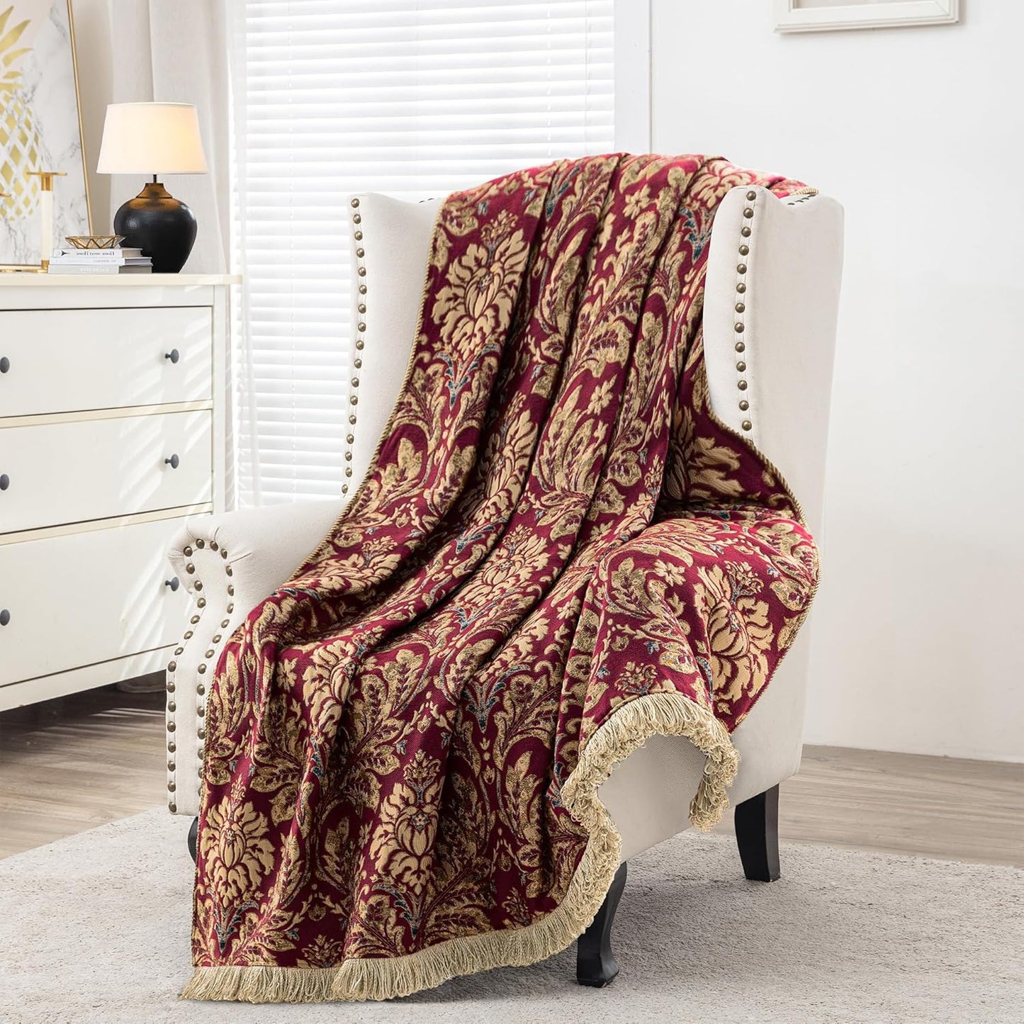 Loom and Mill Vintage Jacquard Throw Blankets for Bed, Classic Antique Damask Throws with Fringes Trim, Soft Lightweight Velvet Lined Throw Blanket for Sofa Couch Chair All Season(Bronze Gold,52”x72”)