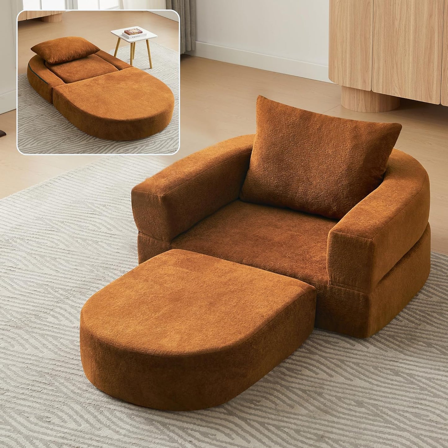 71" Convertible Sleeper Sofa Bed Upholstered Boneless Couch Floor Folding Sofa Bed Oversized Round Reading Chair, Living Room,Bedroom Apartment (Beige, 71")