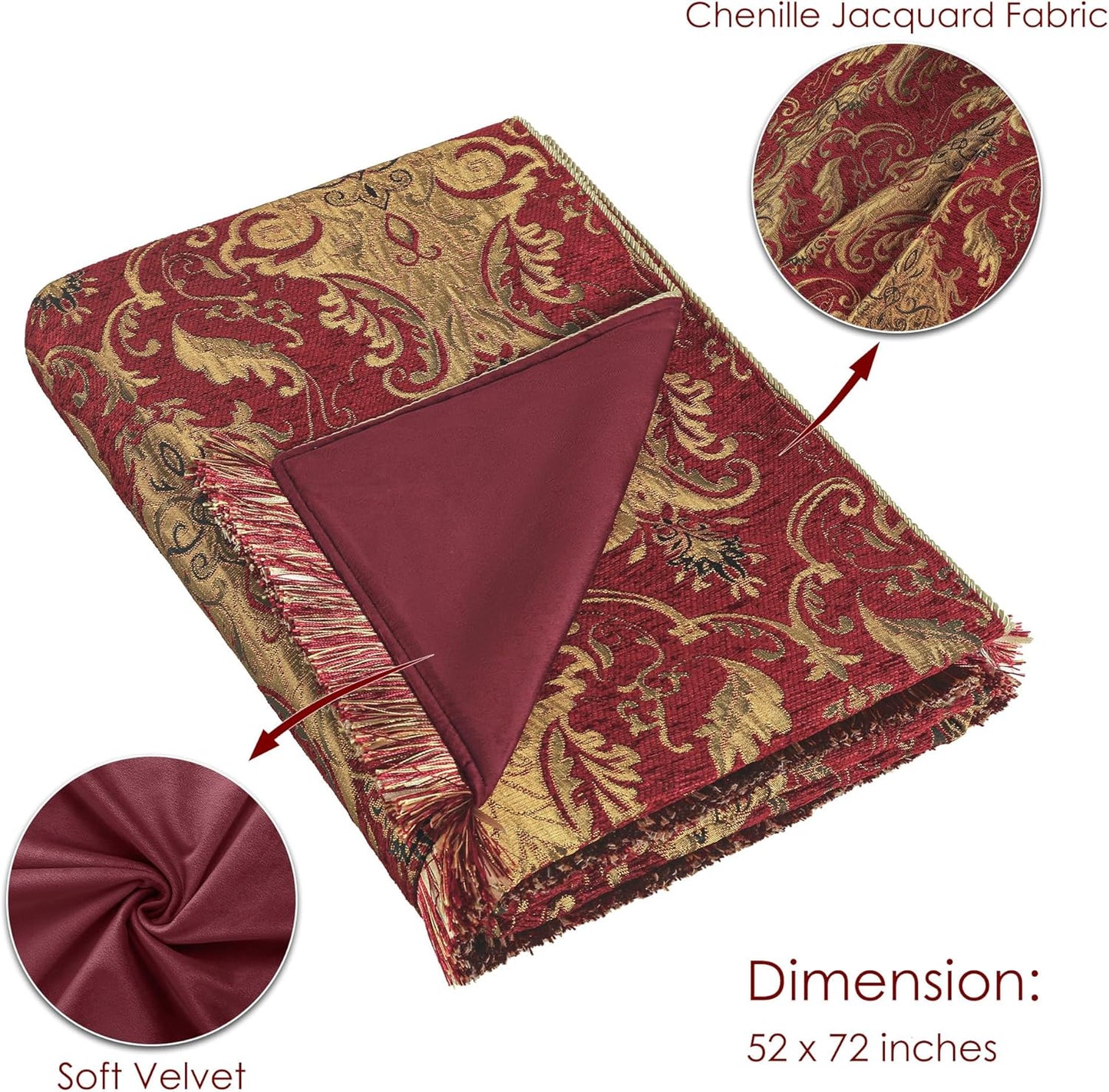 Loom and Mill Luxury Throw Blankets for Bed, Classic Damask Jacquard Bed Throws with Fringes Trim, Soft Lightweight Velvet Lined Fall Throw Blanket for Couch Sofa Chair (Red, 52”x72”)