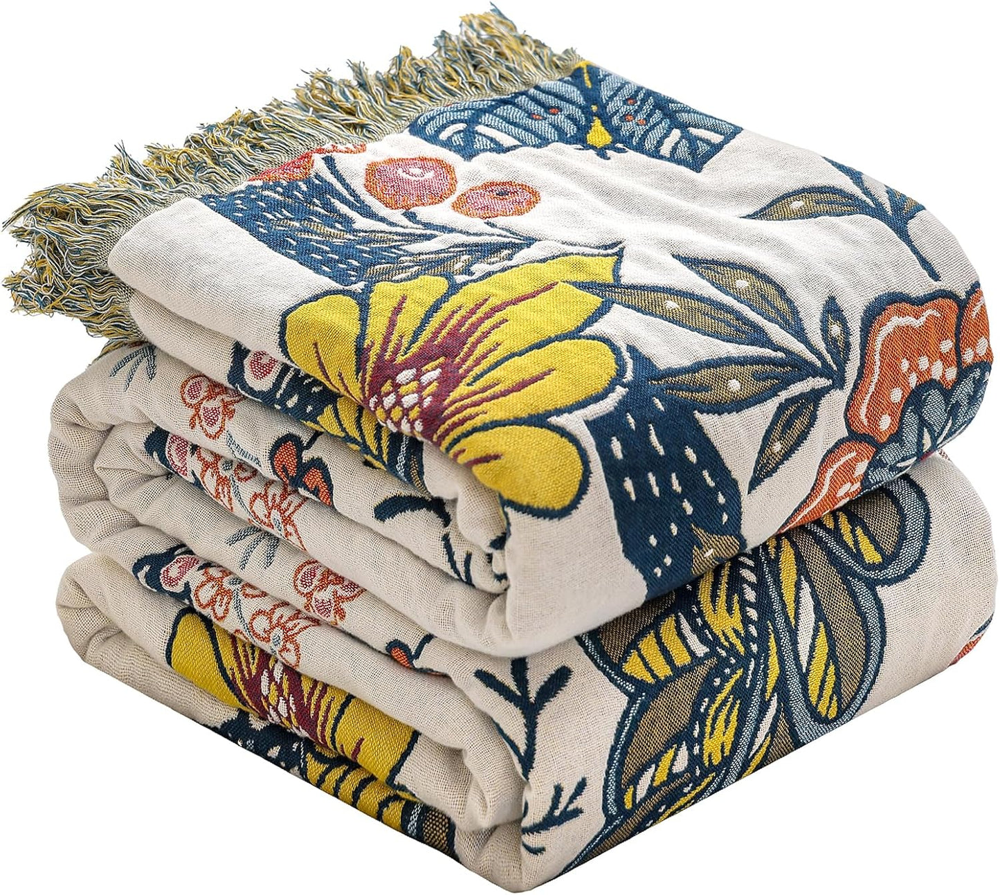 Boho Throw Blanket for Bed Couch 100% Cotton Woven Bed Throws for All Season Lightweight and Soft Cozy Farmhouse Reversible Muslin Decorative Blanket for Travel Picnic, Teal/Cream, 60''x80''