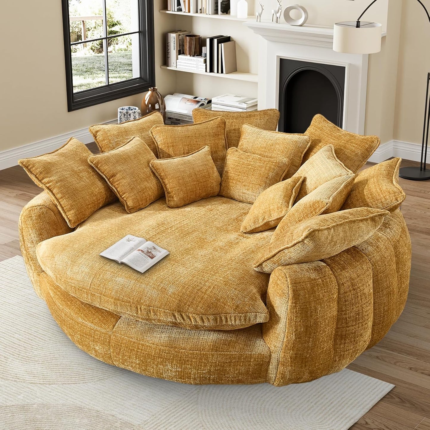 81” Oversized Upholstered Sofa Bed, Round Chaise Lounge Chair Indoor, Fluffy Plush Chaise Lounge, Modern Chenille Cloud Couch with Deep Seat, Comfy Bean Bag Chiar for Living Room Apartment, Dark Grey