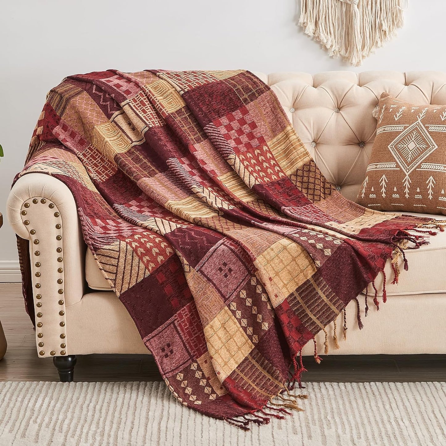 Boho Throw Blanket, Chenille Jacquard Tassels Throw Blankets for Bed Couch Soft Chair, Bohemian Fringe Tassels (Red, S:60x75