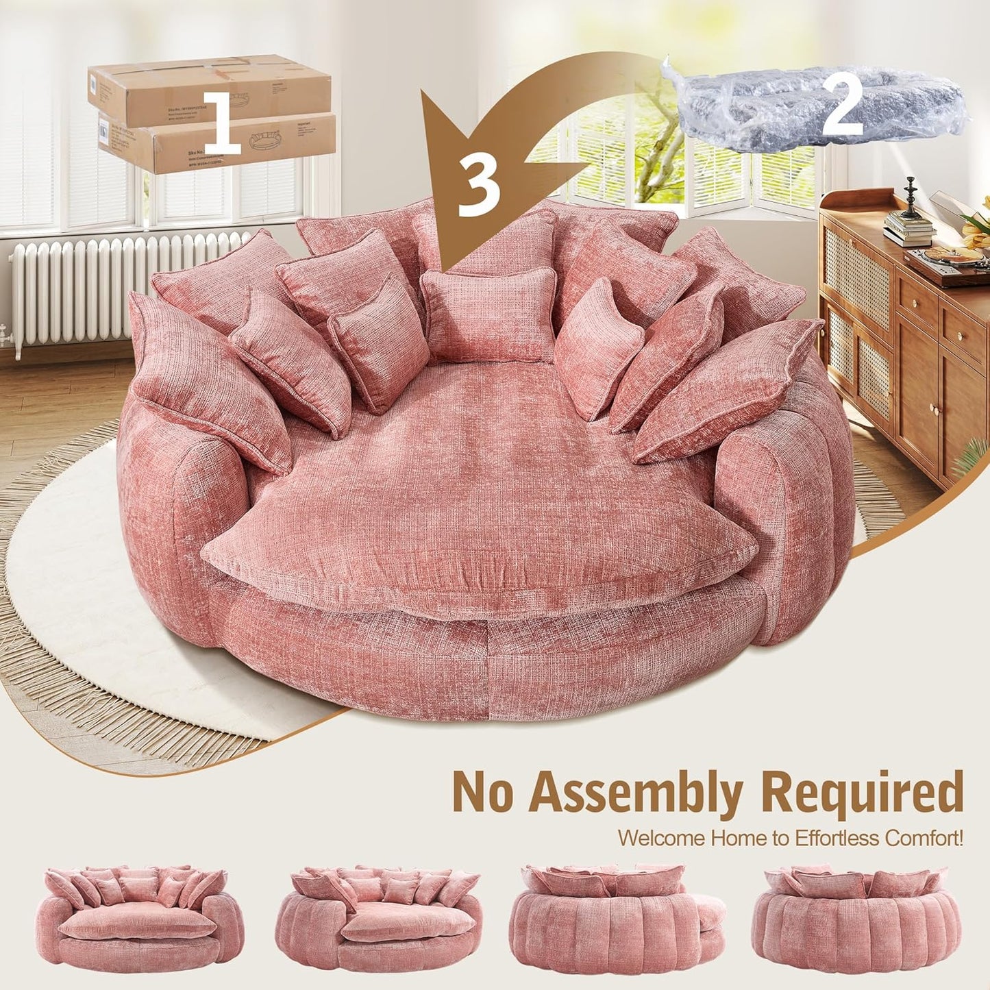 82'' Oversized Upholstered Sofa Bed, Round Chaise Lounge Chair Indoor, Modern Chenille Boneless Couch, No Assembly Required, Plush Sleeper Chair with 14 Pillows for Living Room, Pink