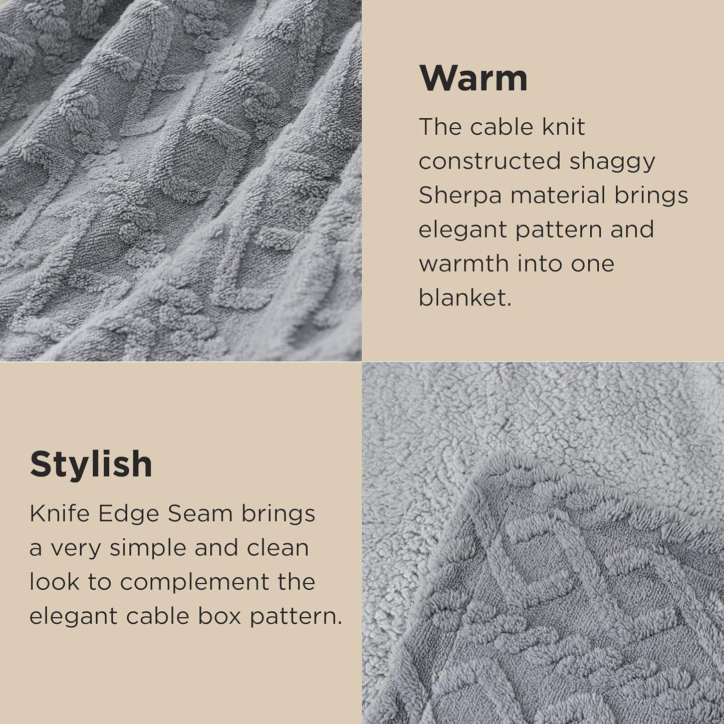 Bedsure Sherpa Fleece Throw Blanket for Couch - Soft Fluffy & Cozy Cable Jacquard Tufted Throw Blankets for Women Gift, Thick Warm Blanket for Winter and All Seasons, Grey, 50x60 Inches