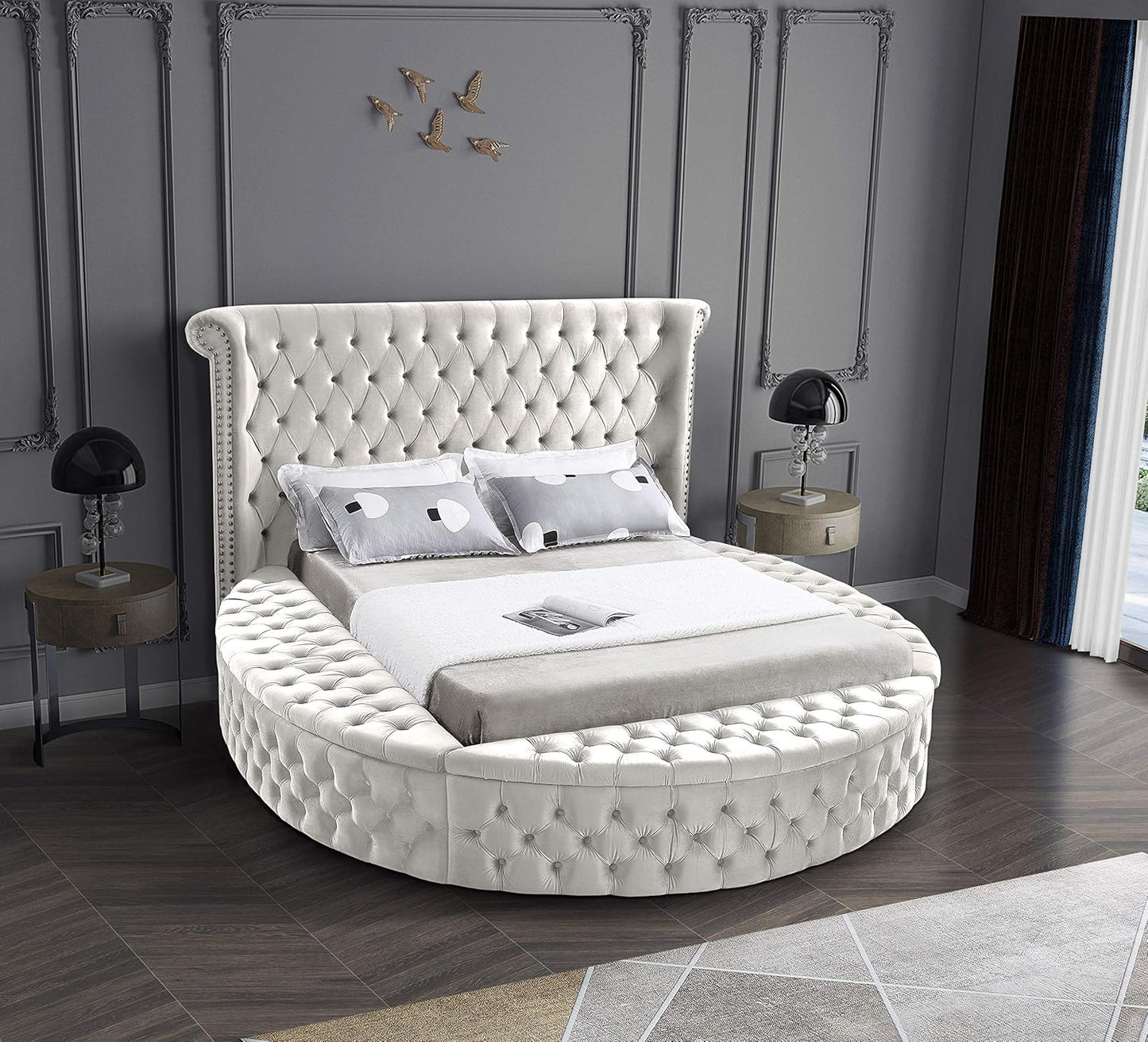Meridian Furniture Luxus Collection Modern | Contemporary Round Shaped Velvet Upholstered Bed with Deep Button Tufting and Footboard Storage, King, Cream