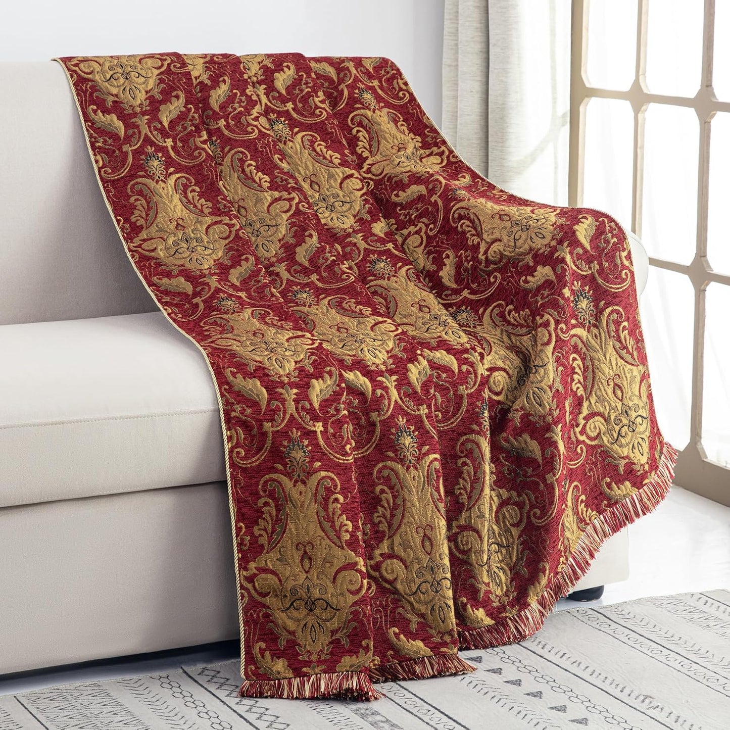 Loom and Mill Luxury Throw Blankets for Bed, Classic Damask Jacquard Bed Throws with Fringes Trim, Soft Lightweight Velvet Lined Fall Throw Blanket for Couch Sofa Chair (Red, 52”x72”)