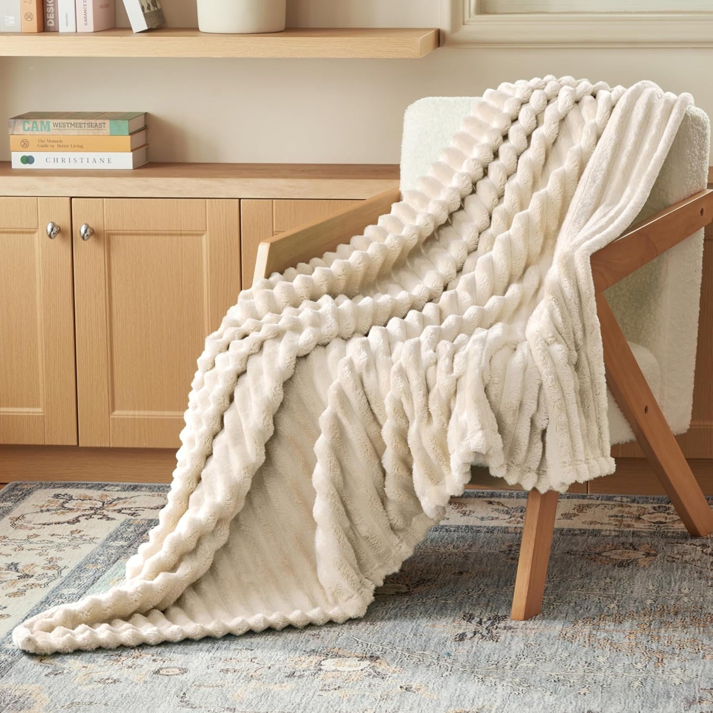 Joiedomi White Throw Blanket for Couch, Soft Fleece Blankets Birthday Gifts for Women Mom Girls, 3D Ribbed Jacquard Cozy Cute Soft Throw Aesthetic Gifts 50x60 Inches