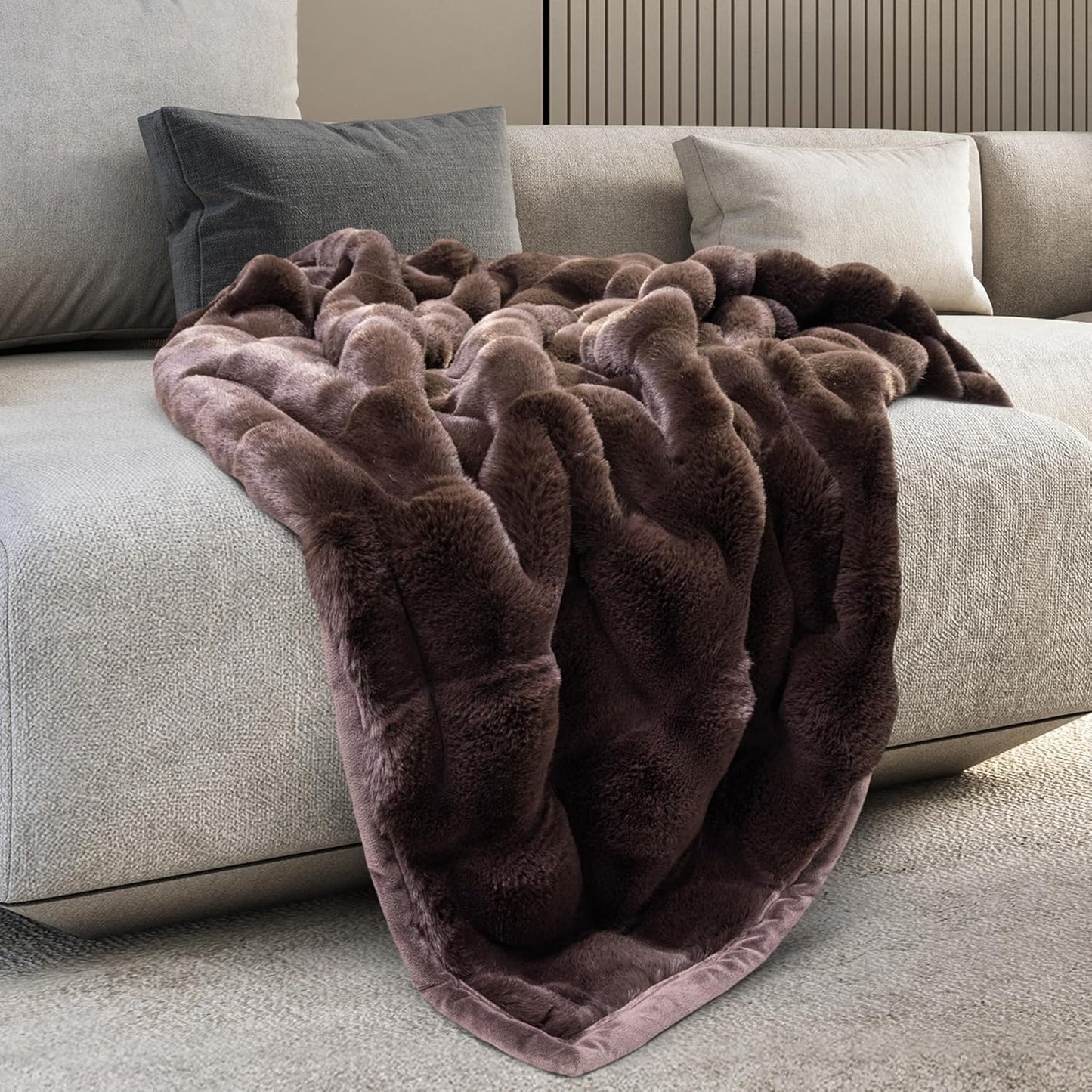 Mon Chateau 60" x 70" Faux Fur Throw Blanket - Reversible Soft Blanket for Queen-Size Bed, Couch, or Sofa, Cozy Home Decor and Stylish Living Room Comfort in Grey
