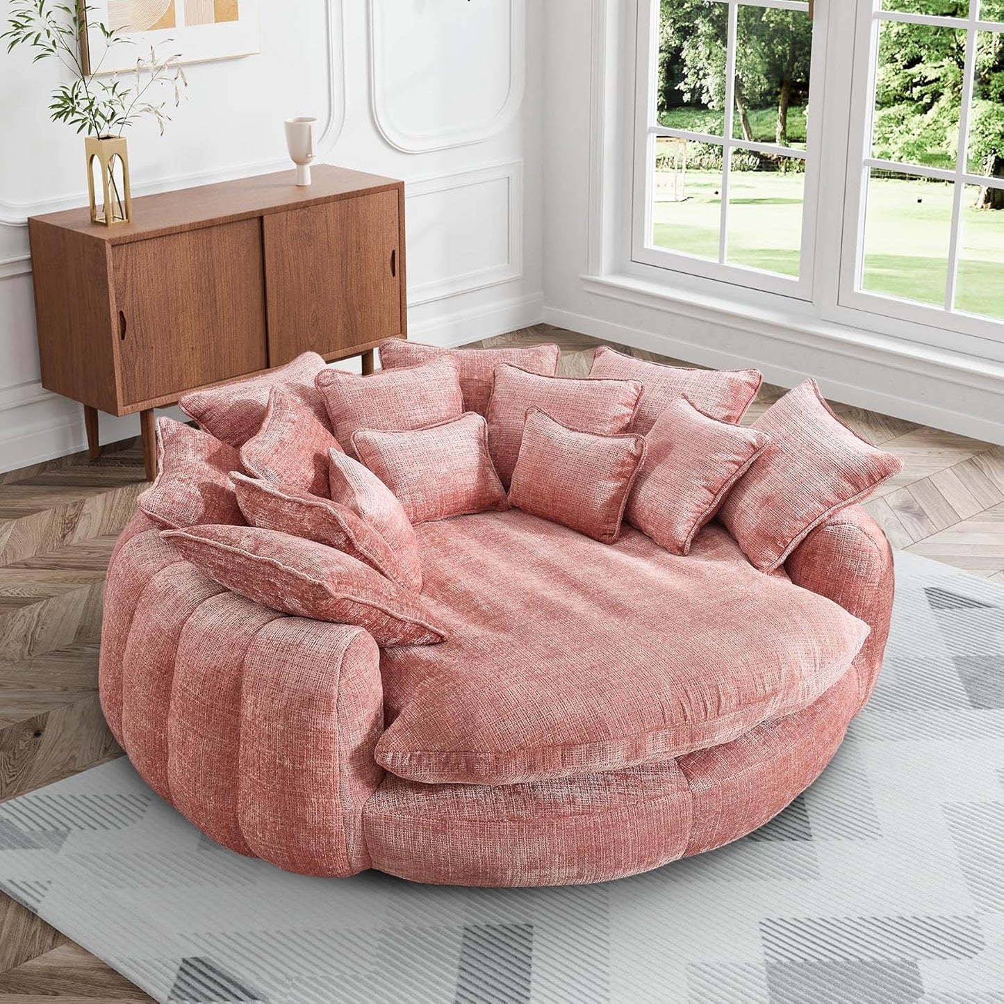 81.1" W Oversized Round Chaise Lounge, Fluffy Lazy Bean Bag Sofa with 14 Pillows, Comfy Chenille Upholstered Barrel Sleeper Bed, Modern Deep Seat Cloud Couch for Living Room, Orange