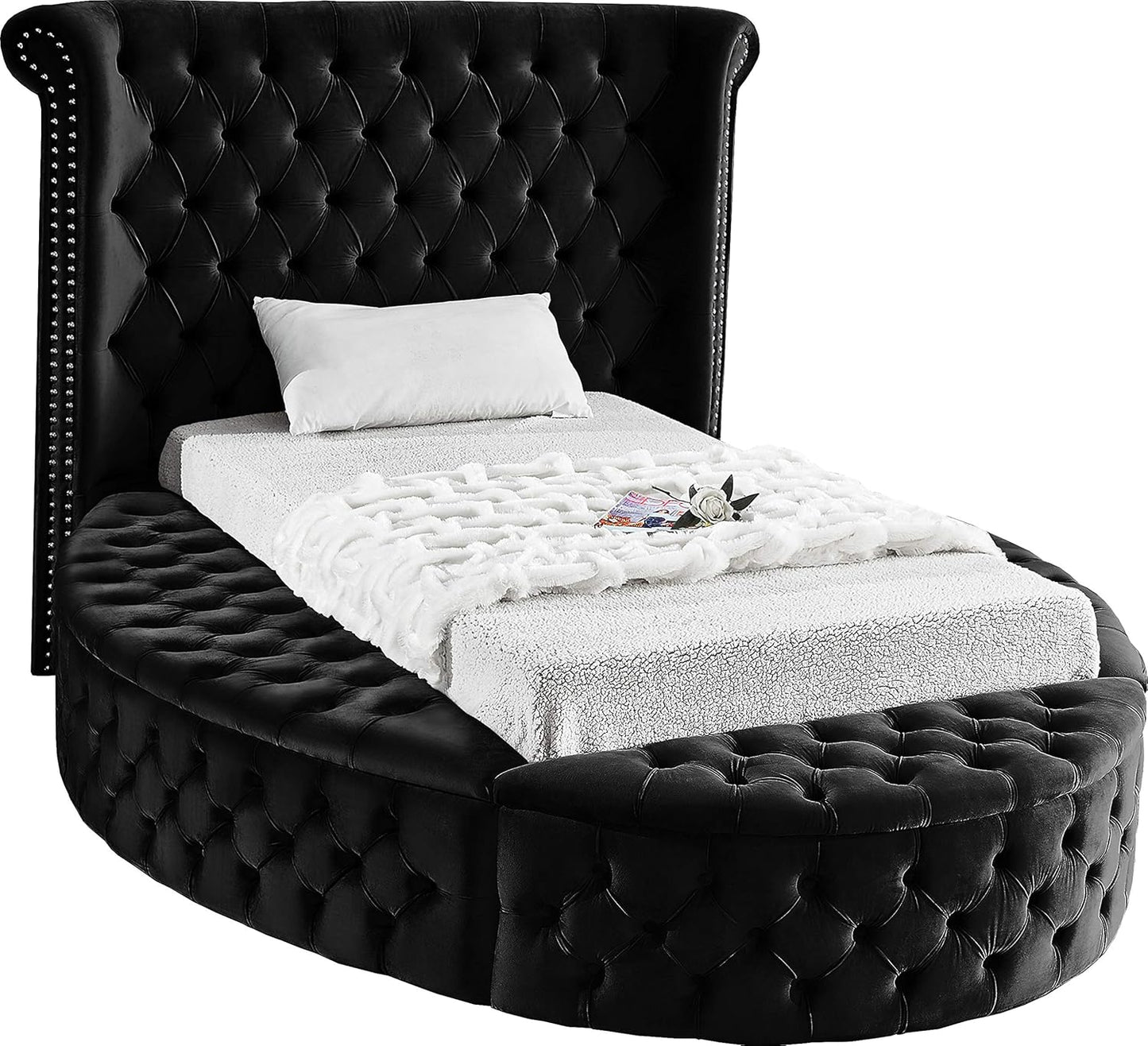 Meridian Furniture Luxus Collection Modern | Contemporary Round Shaped Velvet Upholstered Bed with Deep Button Tufting and Footboard Storage, King, Cream