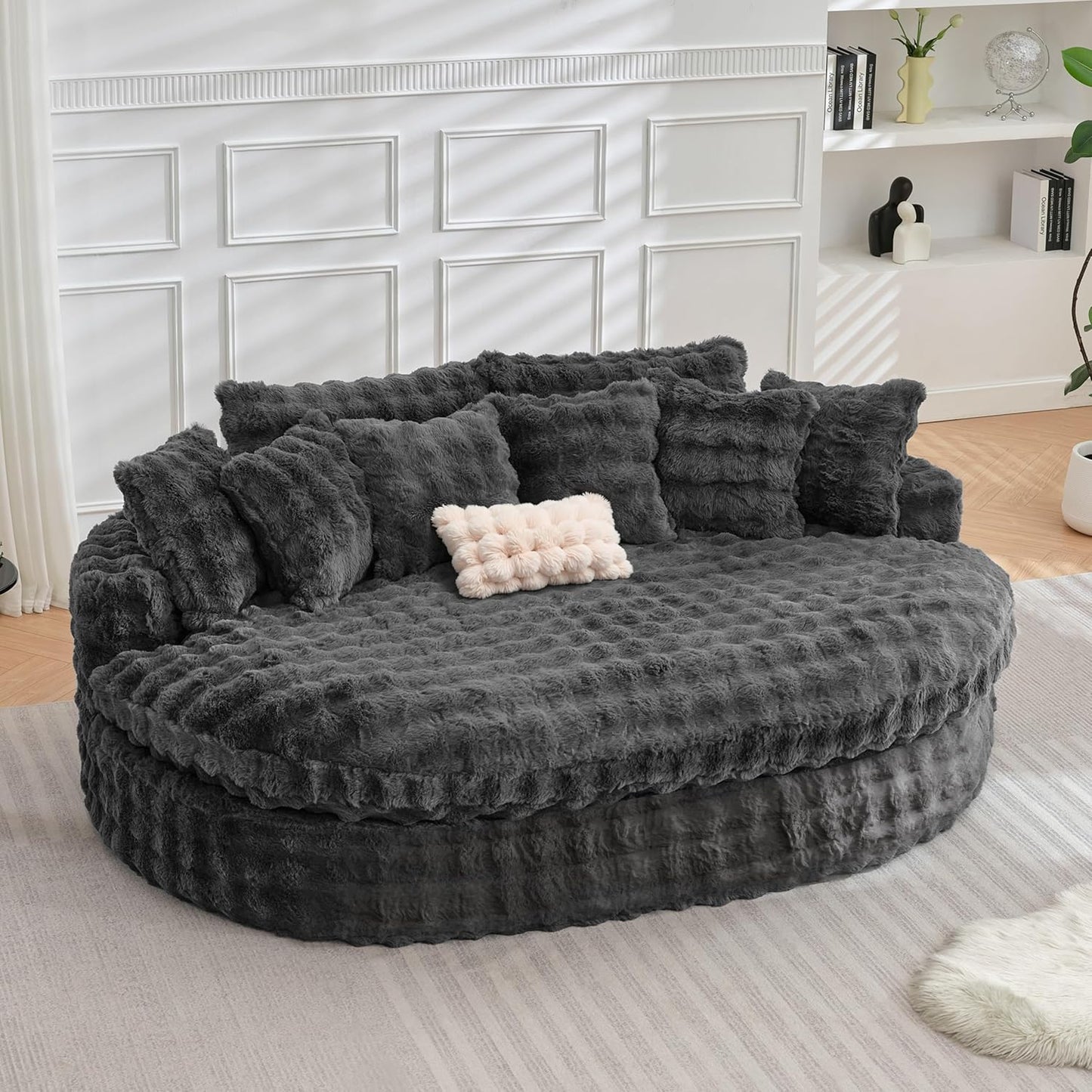 TYBOATLE 83’’ Oversized Round Chaise Lounge Chair Indoor w/Deep Seat, Round Memory Foam Couch, Comfy Fluffy Plush Chaise Lounge Indoor w/Double Cushion, Circle Bed for Livingroom, Bedroom (Black)