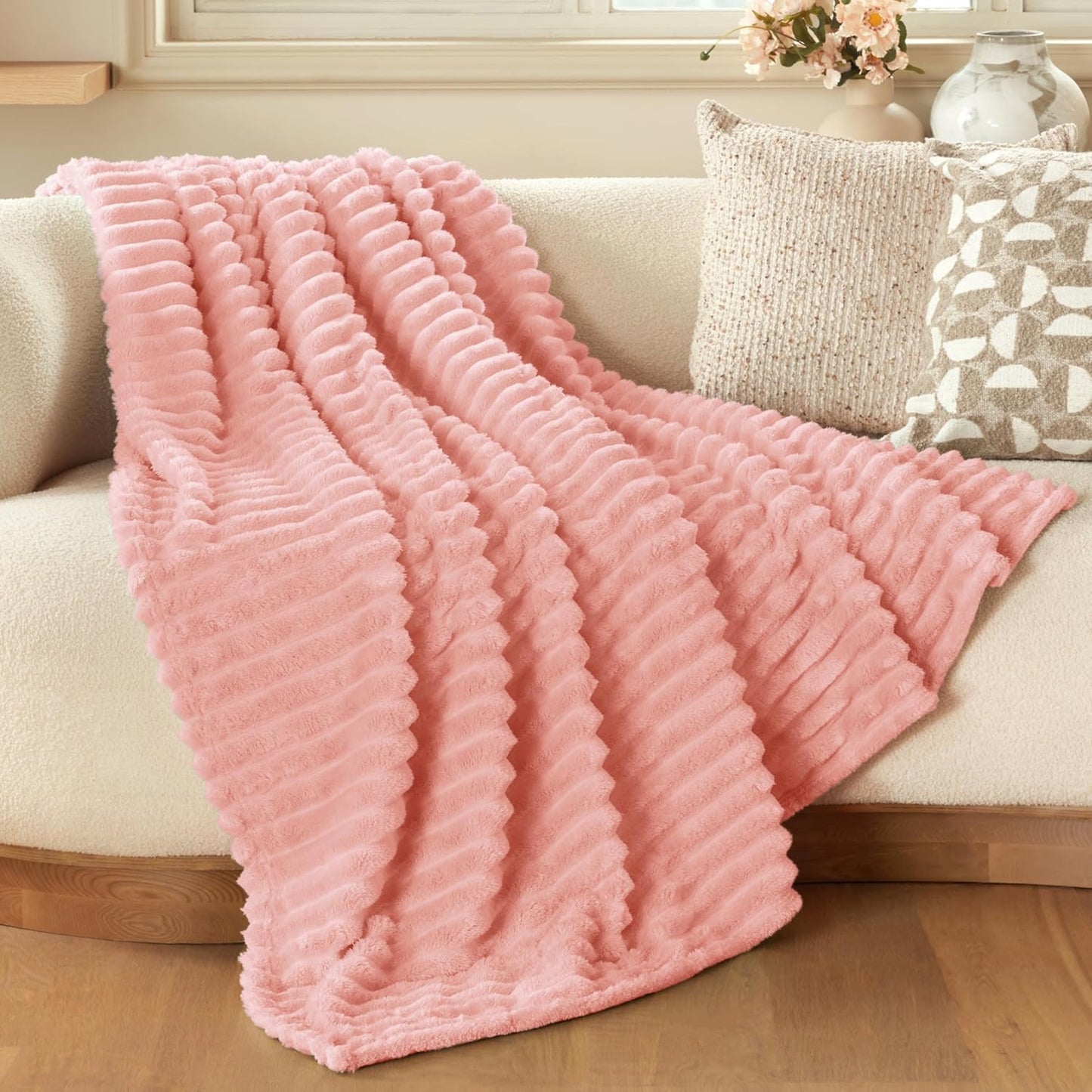 Joiedomi White Throw Blanket for Couch, Soft Fleece Blankets Birthday Gifts for Women Mom Girls, 3D Ribbed Jacquard Cozy Cute Soft Throw Aesthetic Gifts 50x60 Inches