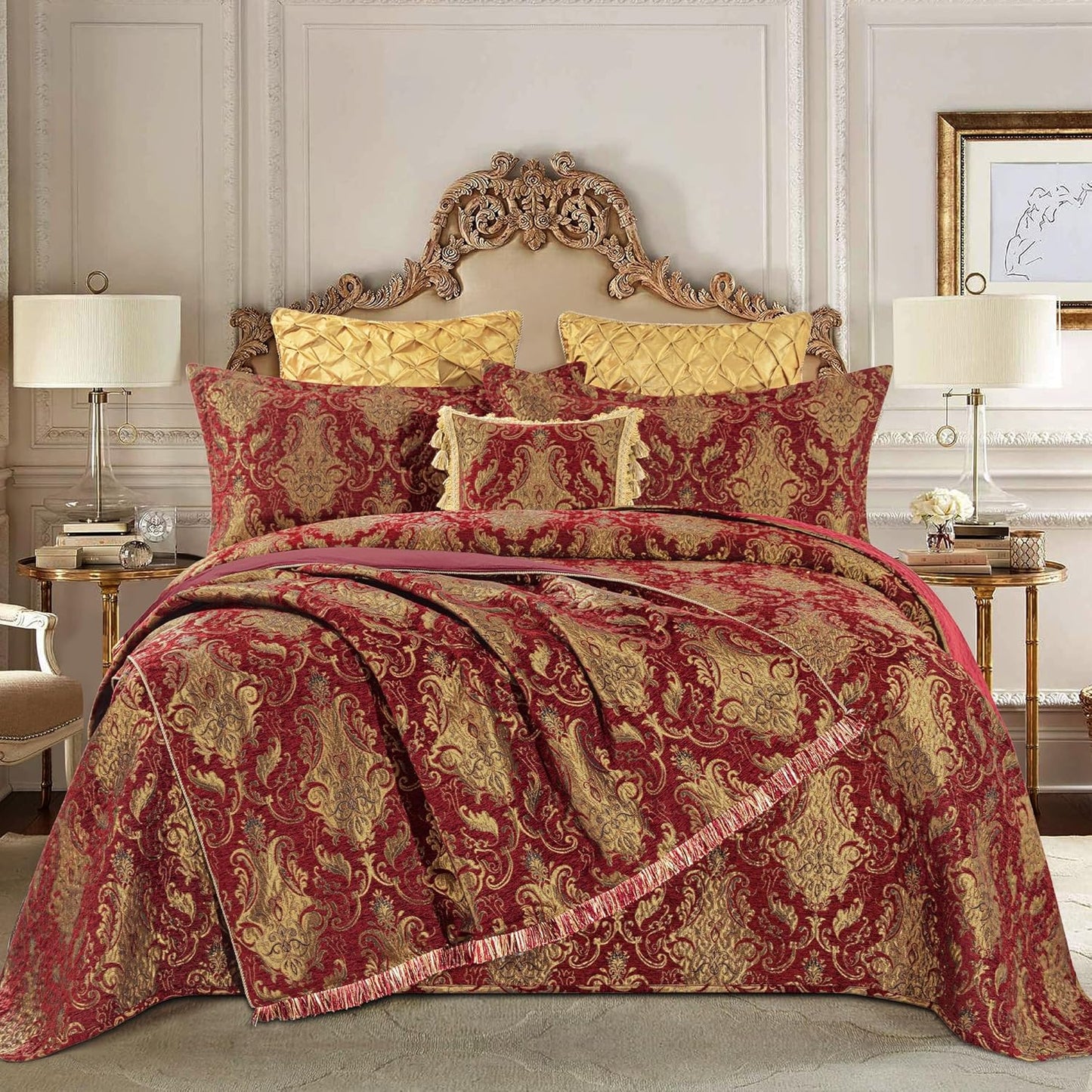 Loom and Mill Luxury Throw Blankets for Bed, Classic Damask Jacquard Bed Throws with Fringes Trim, Soft Lightweight Velvet Lined Fall Throw Blanket for Couch Sofa Chair (Red, 52”x72”)