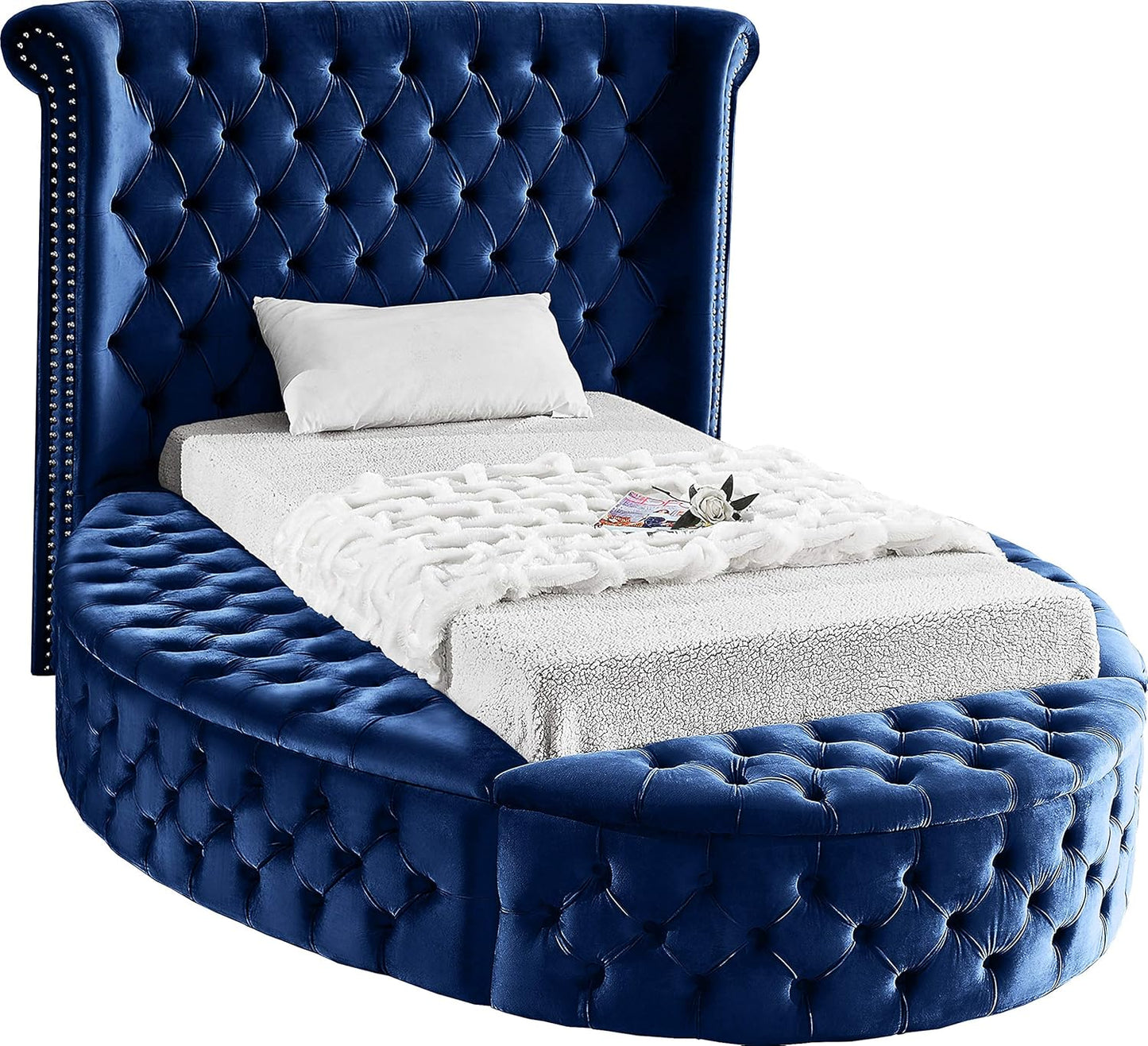 Meridian Furniture Luxus Collection Modern | Contemporary Round Shaped Velvet Upholstered Bed with Deep Button Tufting and Footboard Storage, King, Cream