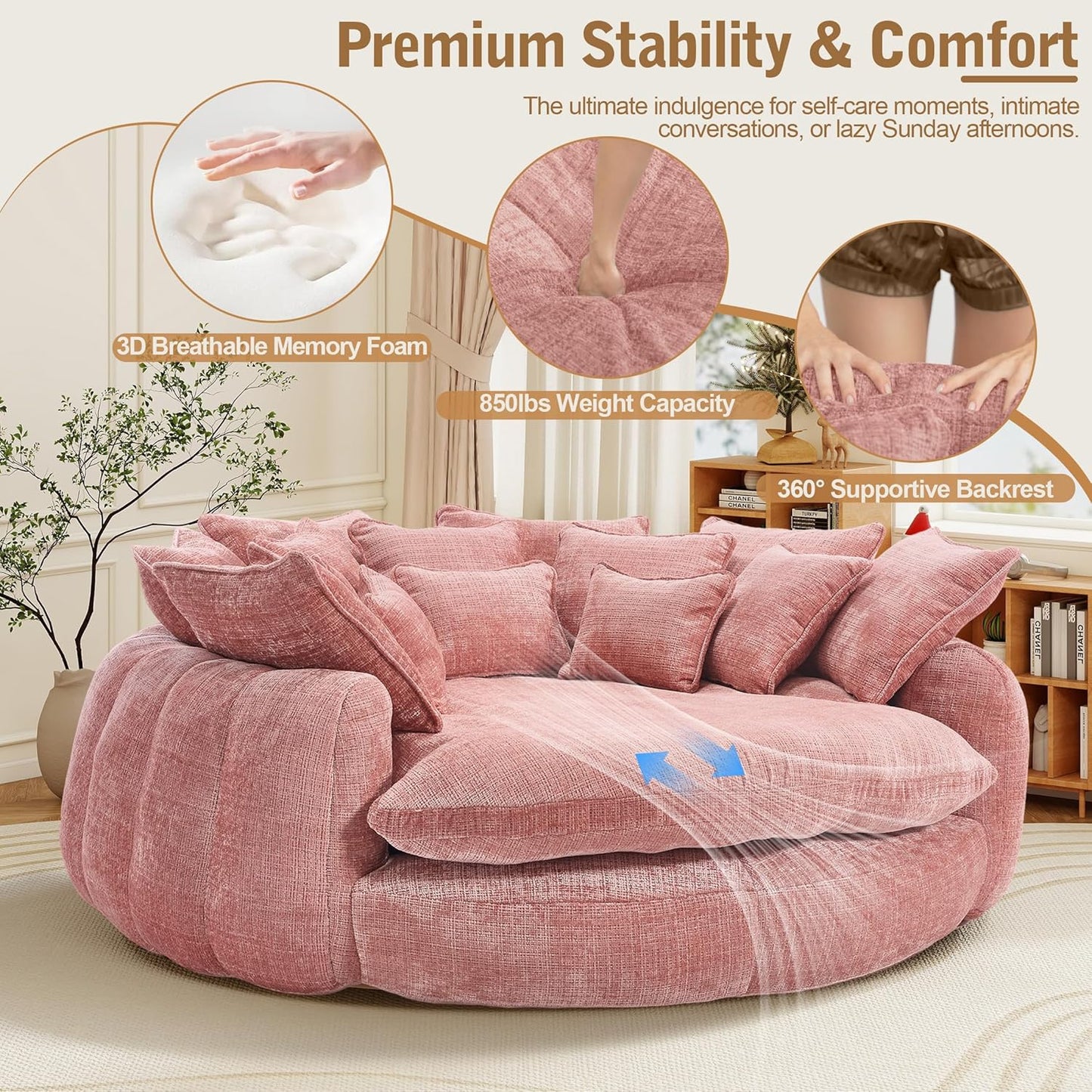 82'' Oversized Upholstered Sofa Bed, Round Chaise Lounge Chair Indoor, Modern Chenille Boneless Couch, No Assembly Required, Plush Sleeper Chair with 14 Pillows for Living Room, Pink