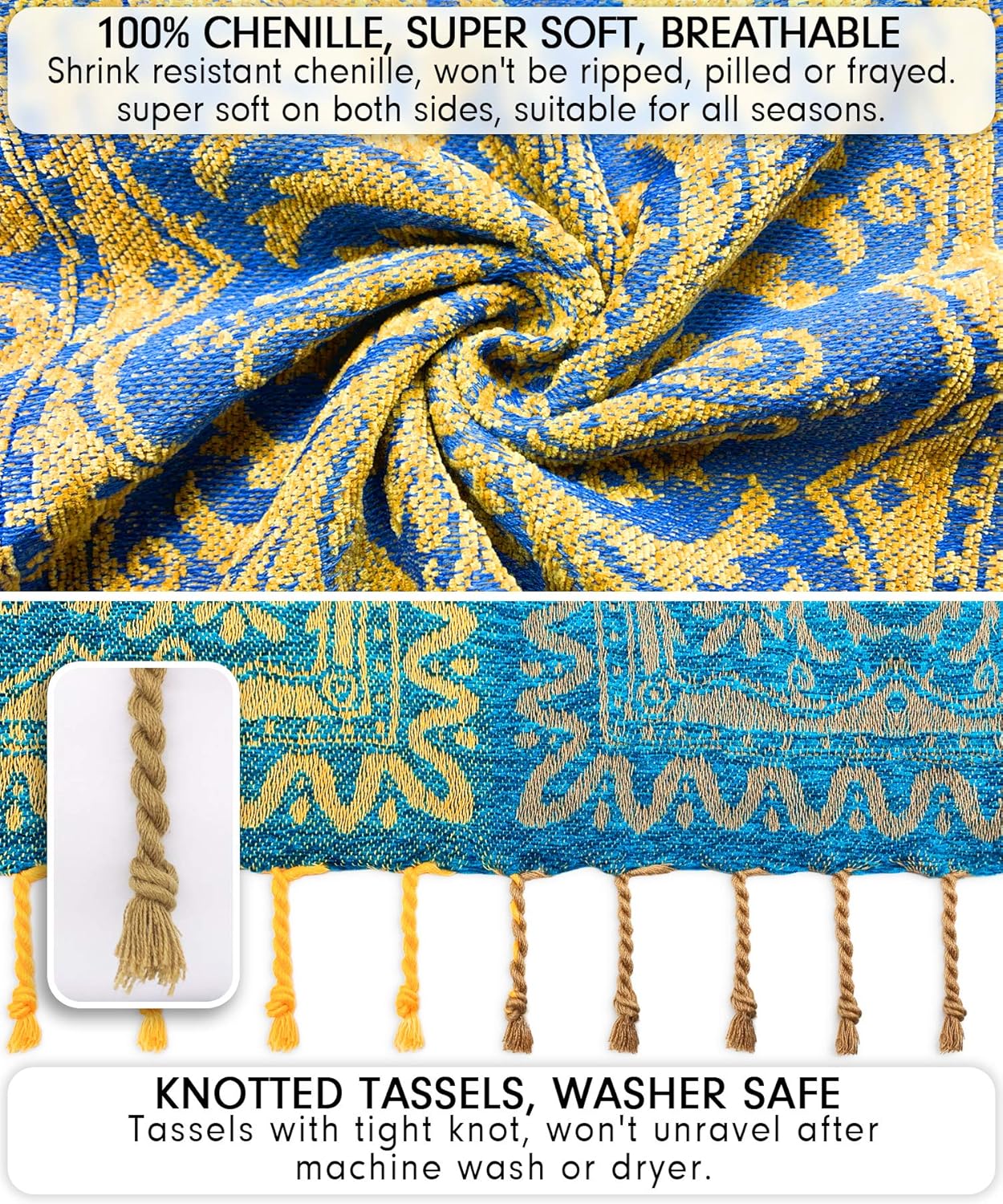 Bohemian Tribal Throws Blankets Reversible Colorful Red Blue Boho Hippie Chenille Jacquard Fabric Throw Covers Large Couch Furniture Sofa Chair Loveseat Recliner Oversized (Blue, S:75x60)