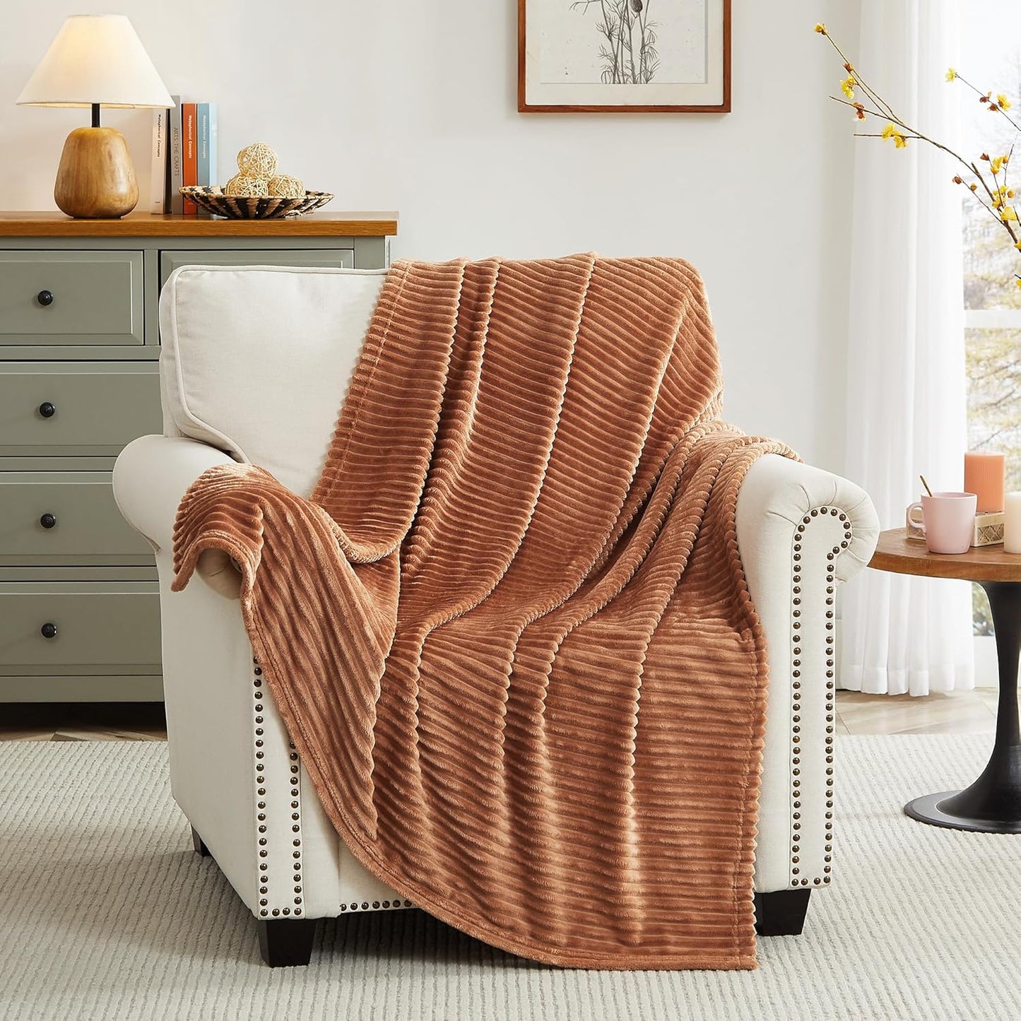 Geniospin Throw Blanket for Couch, Bed, Sofa – 280GSM Super Soft Lightweight Blanket with Stripe, 3D Ribbed Jacquard Blanket, Plush Fuzzy Cozy Throws, Warm and Breathable (Sage Green, 50x60 inches)