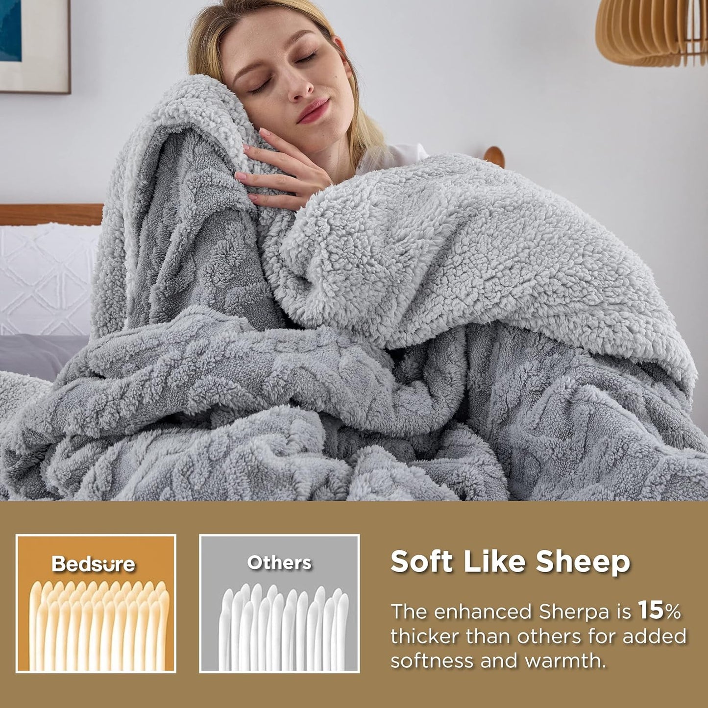 Bedsure Sherpa Fleece Throw Blanket for Couch - Soft Fluffy & Cozy Cable Jacquard Tufted Throw Blankets for Women Gift, Thick Warm Blanket for Winter and All Seasons, Grey, 50x60 Inches
