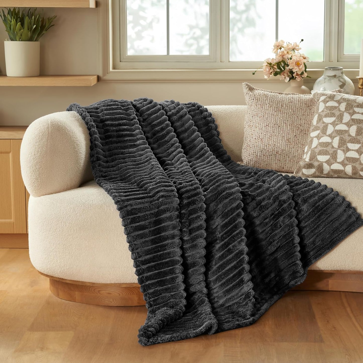 Joiedomi White Throw Blanket for Couch, Soft Fleece Blankets Birthday Gifts for Women Mom Girls, 3D Ribbed Jacquard Cozy Cute Soft Throw Aesthetic Gifts 50x60 Inches