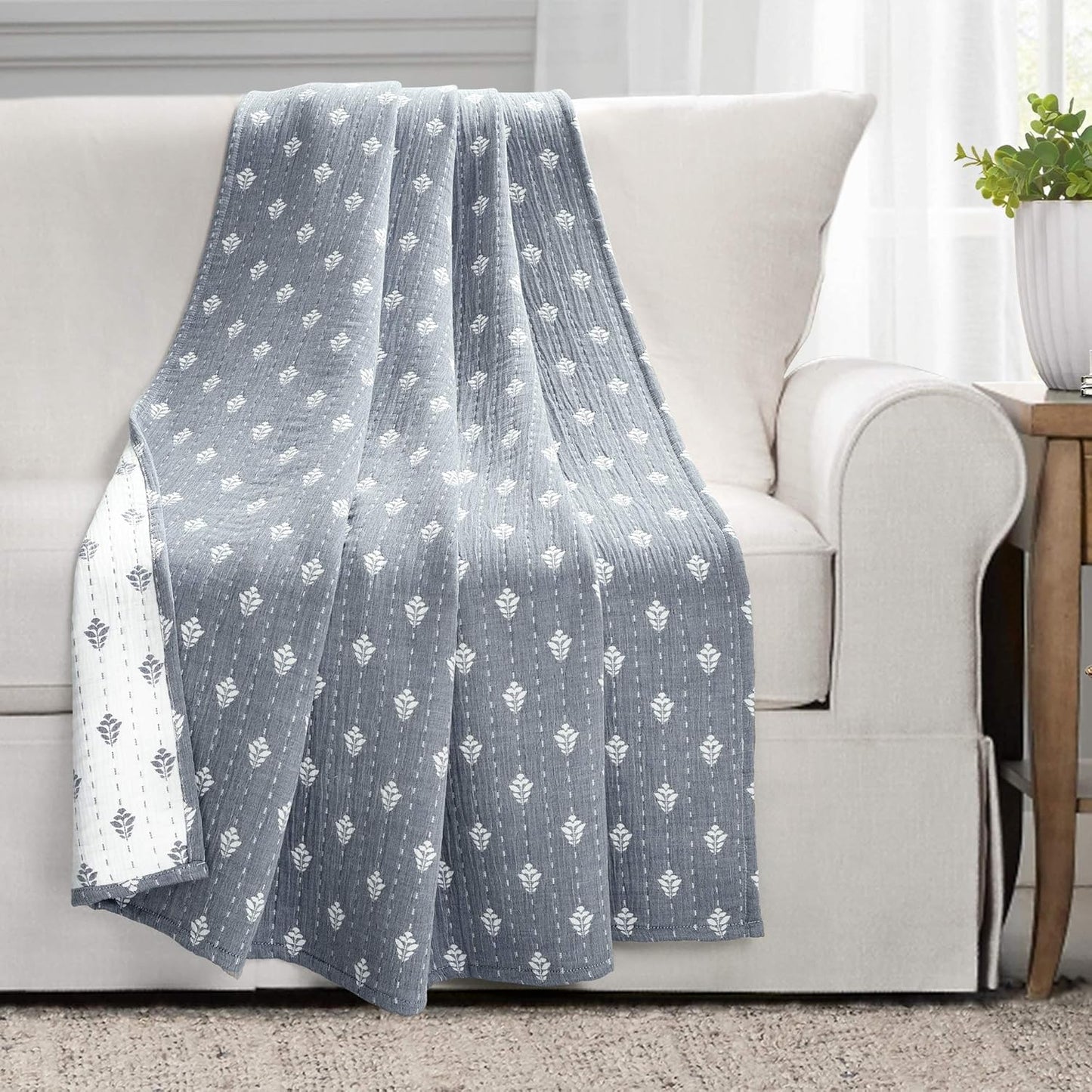 Lush Decor, Neutral Hygge Kantha Pick Stitch Yarn Dyed Cotton Jacquard Throw Blanket 60" x 50"