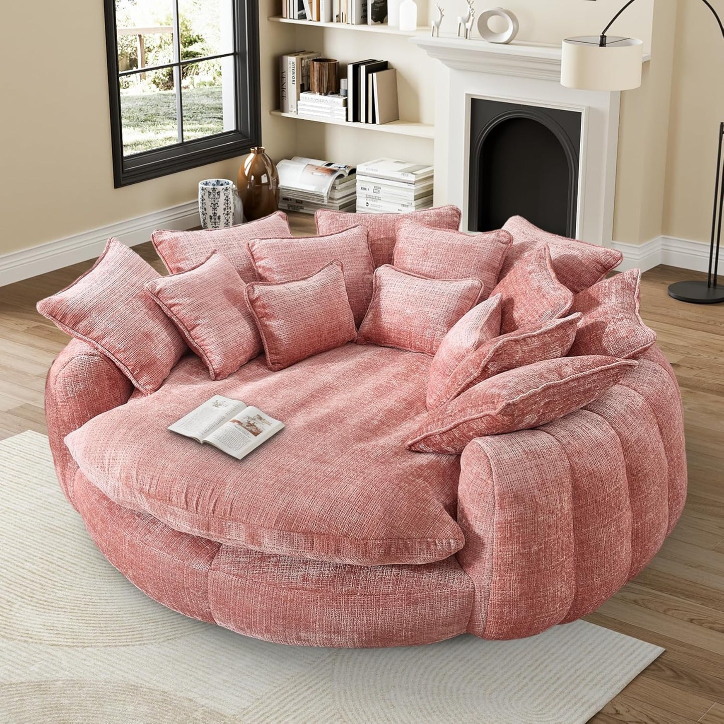 81” Oversized Upholstered Sofa Bed, Round Chaise Lounge Chair Indoor, Fluffy Plush Chaise Lounge, Modern Chenille Cloud Couch with Deep Seat, Comfy Bean Bag Chiar for Living Room Apartment, Dark Grey