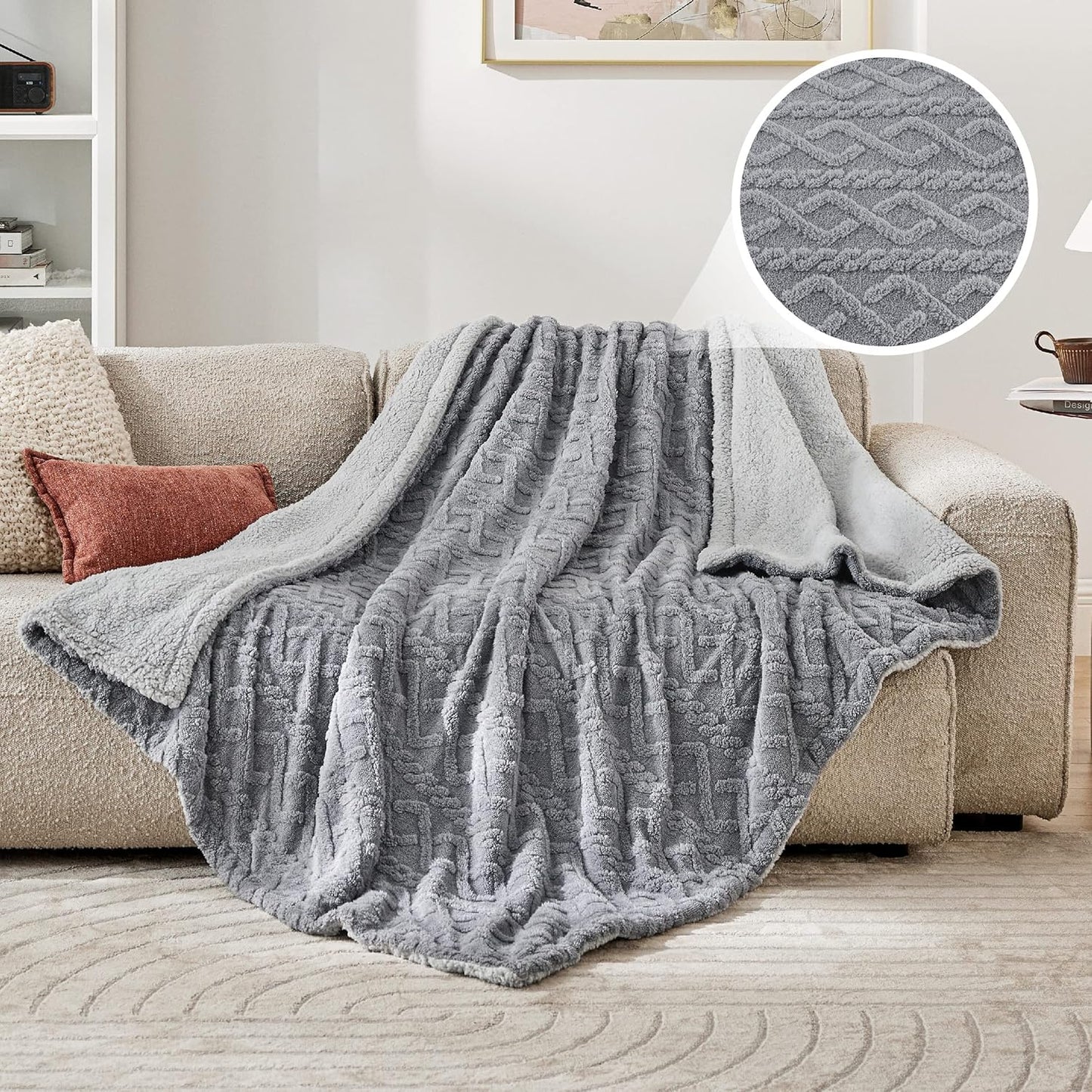 Bedsure Sherpa Fleece Throw Blanket for Couch - Soft Fluffy & Cozy Cable Jacquard Tufted Throw Blankets for Women Gift, Thick Warm Blanket for Winter and All Seasons, Grey, 50x60 Inches