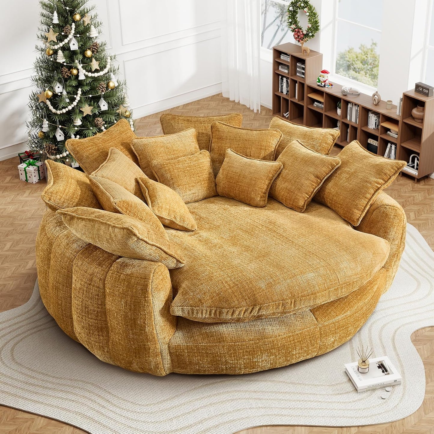 82'' Oversized Upholstered Sofa Bed, Round Chaise Lounge Chair Indoor, Modern Chenille Boneless Couch, No Assembly Required, Plush Sleeper Chair with 14 Pillows for Living Room, Pink