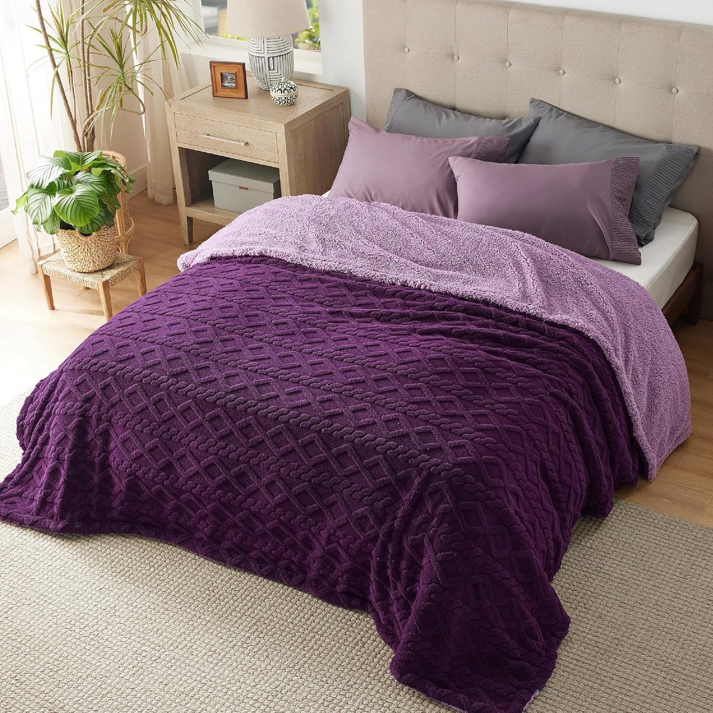 Bedsure Sherpa Fleece Throw Blanket for Couch - Soft Fluffy & Cozy Cable Jacquard Tufted Throw Blankets for Women Gift, Thick Warm Blanket for Winter and All Seasons, Grey, 50x60 Inches