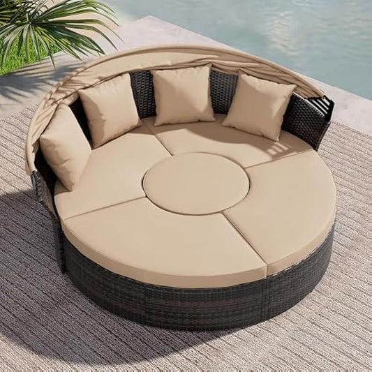 Crownland Outdoor Canopy Bed Round Daybed with Washable Cushions, Patio Daybed with Clamshell Sectional Seating Wicker Furniture with Retractable Canopy for Graden, Backyard, Pool(Light Brown)