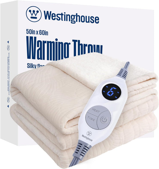 Westinghouse Heated Throw Blanket, Flower Jacquard Electric Blanket Throw with 6 Heating Levels and 2-10 Hours Auto-Off, Flannel to Sherpa Super Cozy Heated Blanket, Machine Washable (50" x 60" Beige)