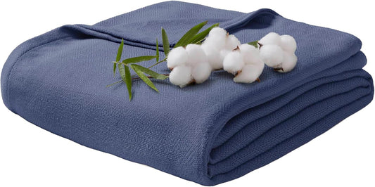 Queen Size Blanket, 70% Rayon (Derived from Bamboo) and 30% Cotton, Lightweight Jacquard Weave, Breathable and Soft Summer Blanket for Bed or Couch, 90” x 90”, Navy