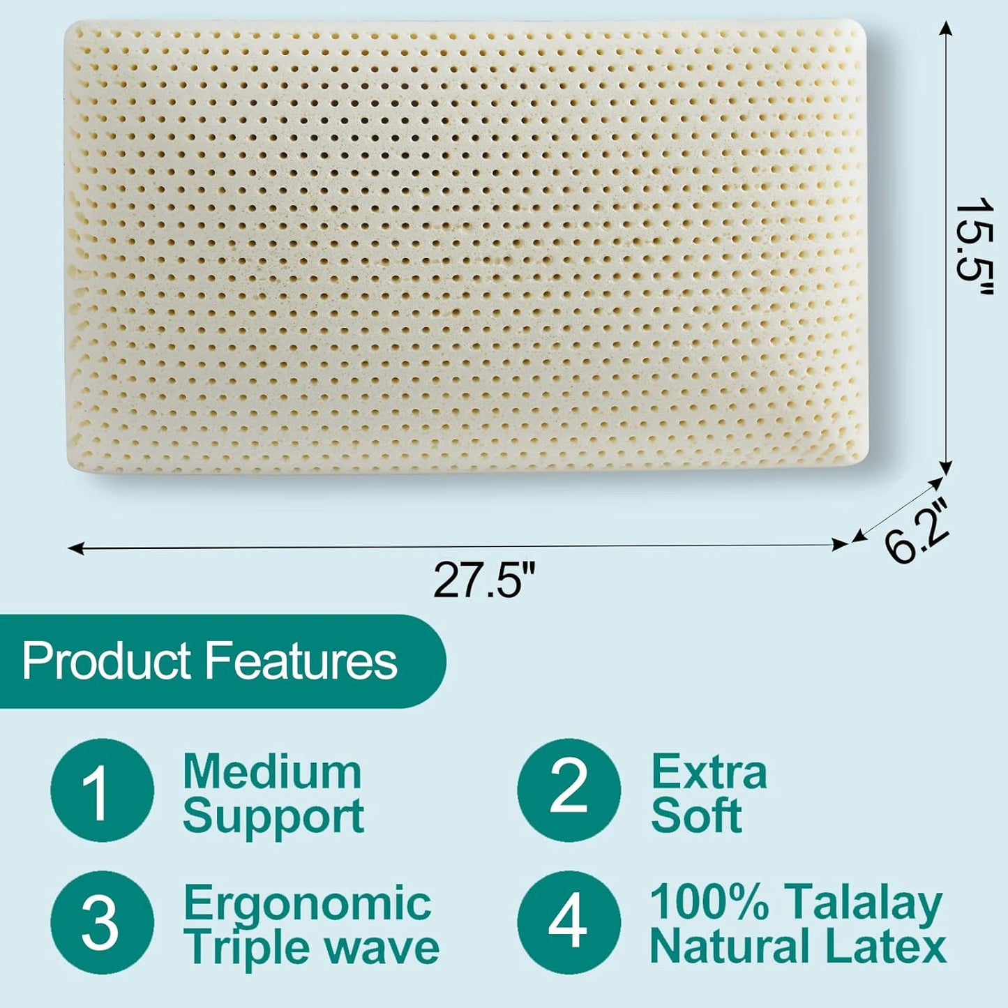Talalay Latex Pillow, Soft Natural Latex Foam Pillow for Sleeping, Bed Pillow for Back, Side and Stomach Sleeperswith Removable Cotton Cover, Helps Relieve Shoulder and Neck Pain (Queen (Soft))