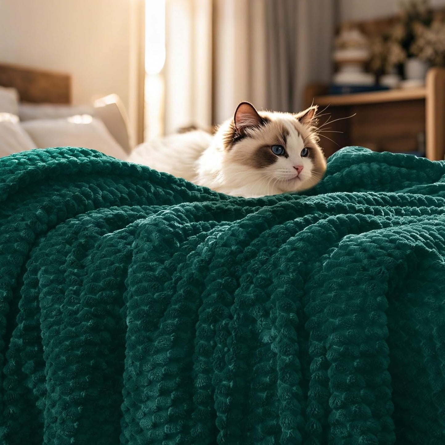 PHF Ultra Soft Flannel Fleece Blanket Queen Size, Lightweight 3D Jacquard Fleece Blanket, No Shedding, No Pilling, Luxury 340GSM Aesthetic Fluffy Cozy for Bed Room Decor, 90"x90", Camel/Light Khaki