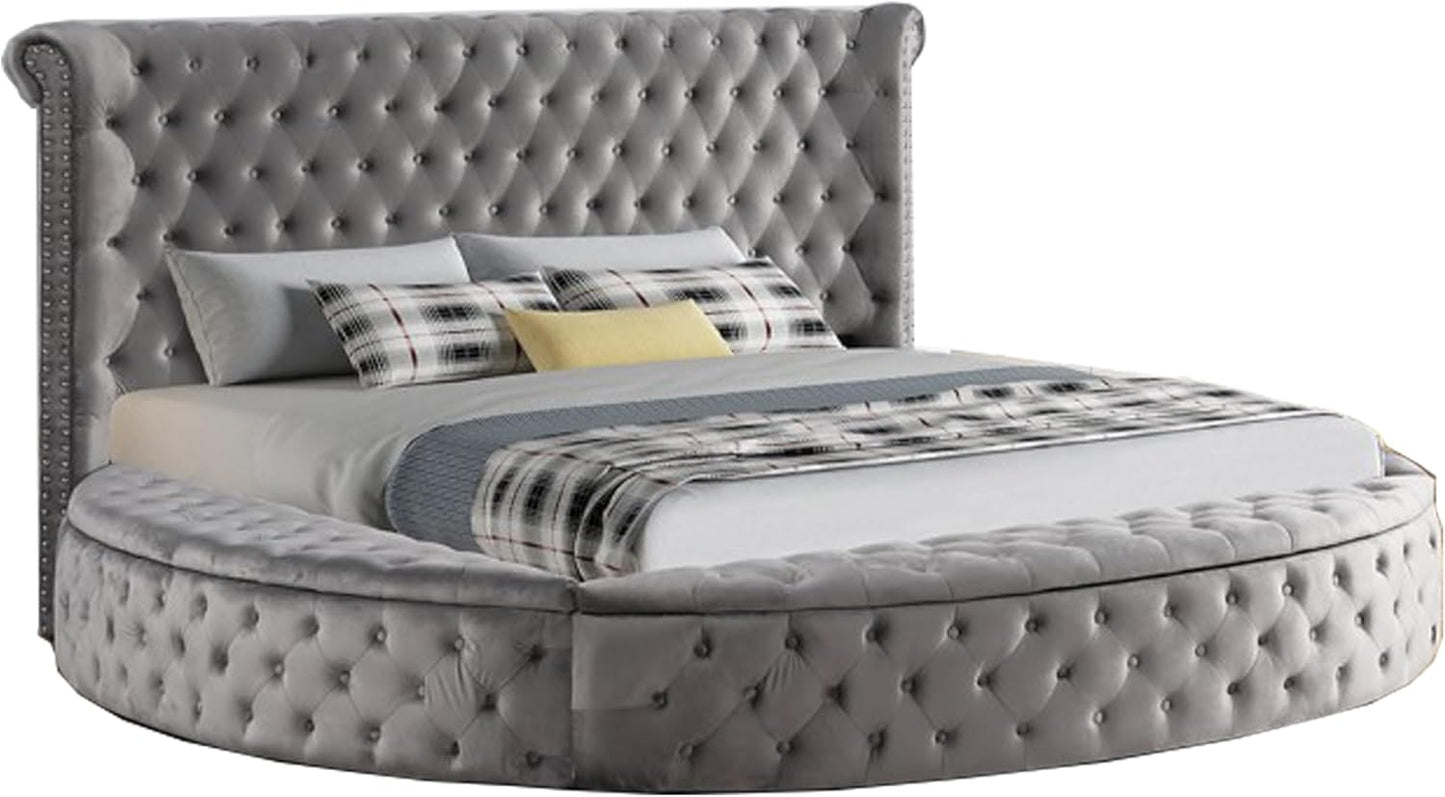 First of a Kind Velvet Tufted Platform Storage Bed, Circle Bed with Button Tufting and Storage Compartments, Queen Size (Black)