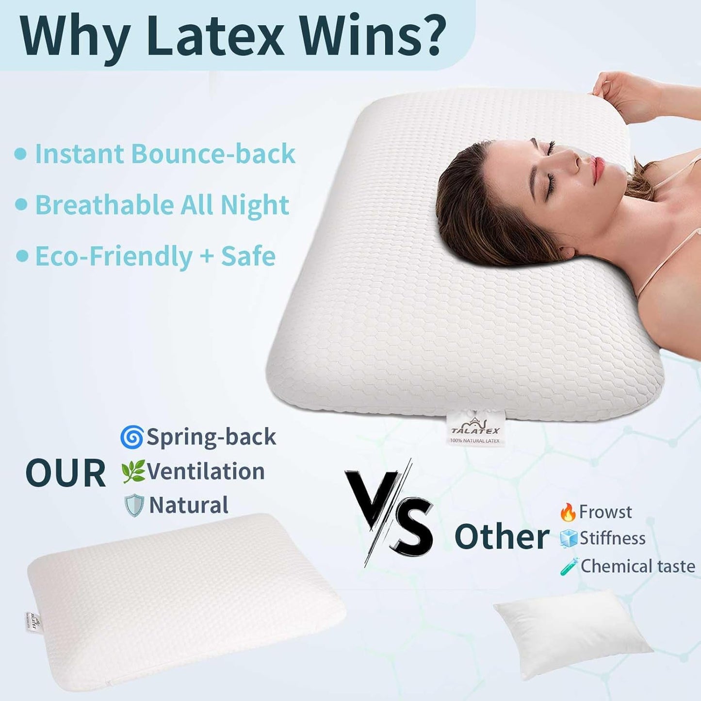 Talatex Talalay Ultra Slim 100% Natural Premium Latex Pillow, Ultra Thin Flat Pillow for Stomach and Back Sleepers Helps Cervical Neck Alignment and Deeper Sleep, No Memory Foam Chemicals（2.7" H）
