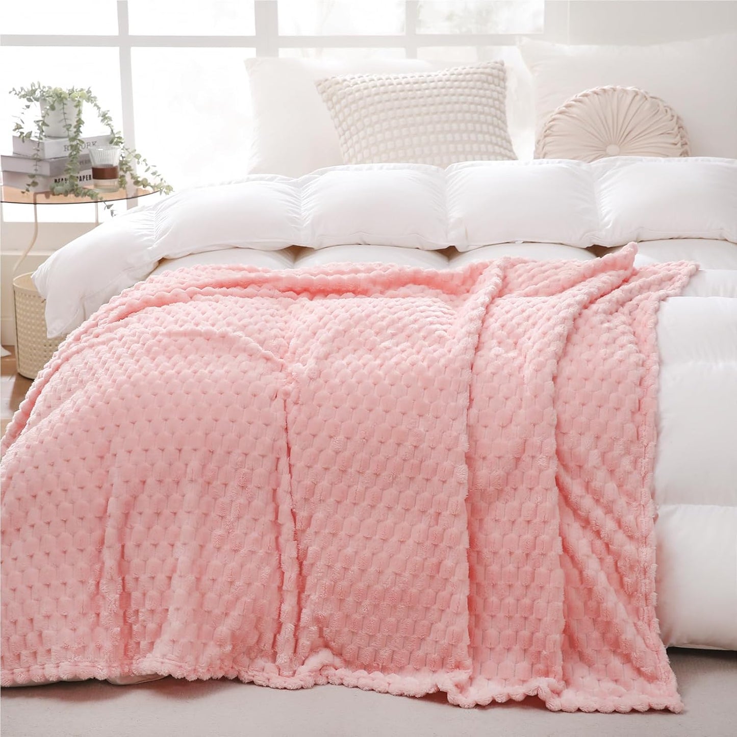 Puncuntex Hot Pink Throw Blanket 50"×60" inches Gifts for Mom Fuzzy 3D Jacquard Decorative Flannel Fleece Super Soft Plush Cozy Blanket for Couch Sofa Chair Lightweight