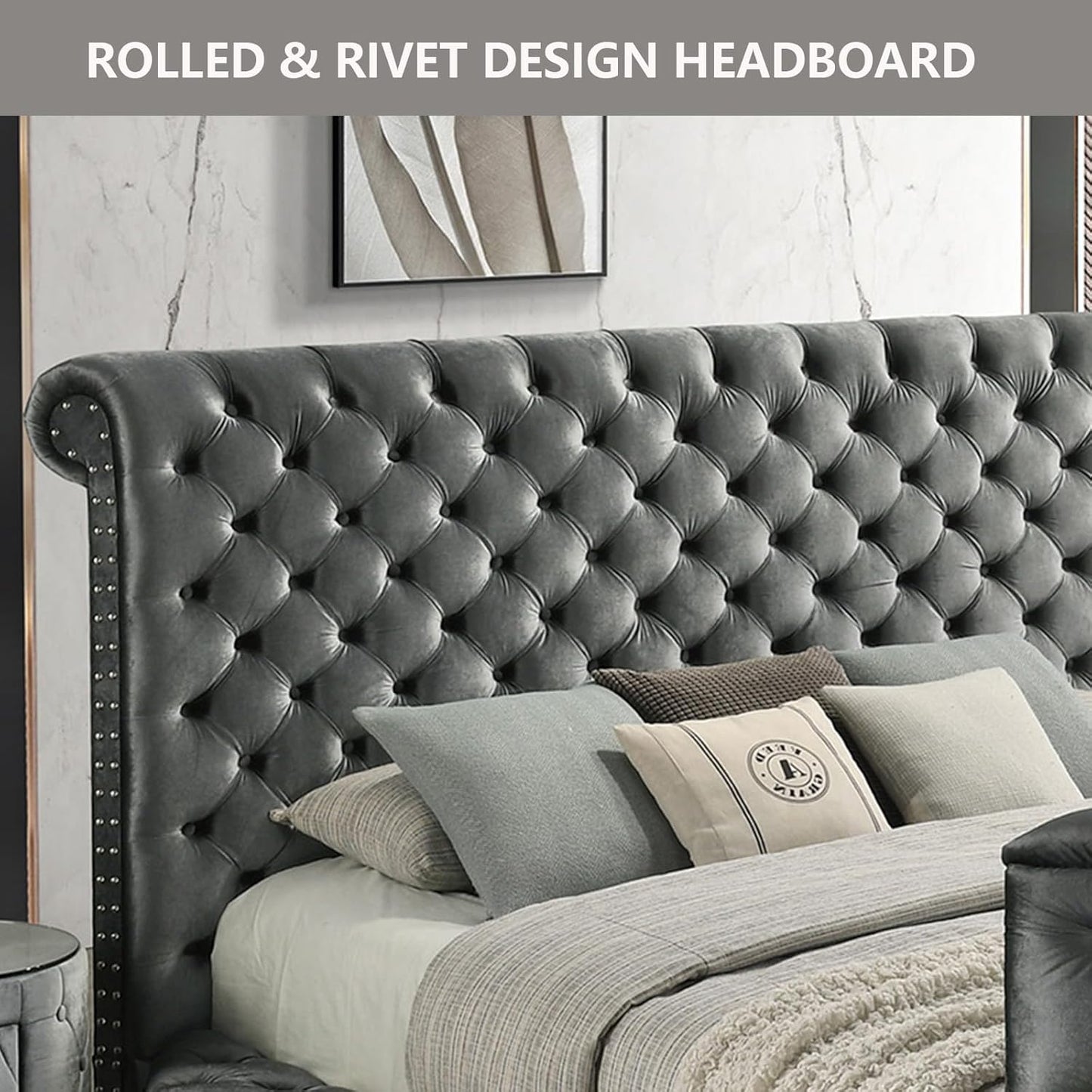 Round Bed Frame with Fireplace and TV Stand - Velvet Circle Bed with Tufted Headboard & Footboard, Upholstered Sleigh Bed King Size, Luxury Bedframe with Side Storage Stools for Bedroom Furniture