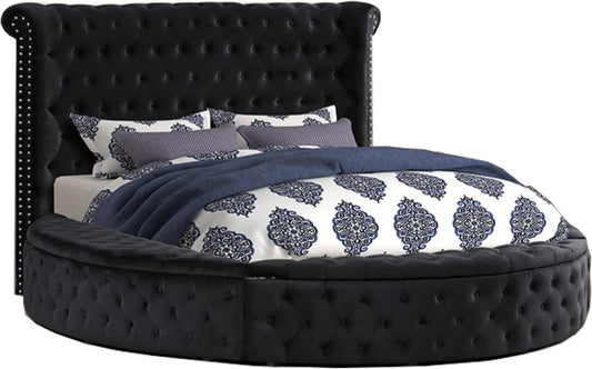First of a Kind Velvet Tufted Platform Storage Bed, Circle Bed with Button Tufting and Storage Compartments, Queen Size (Black)