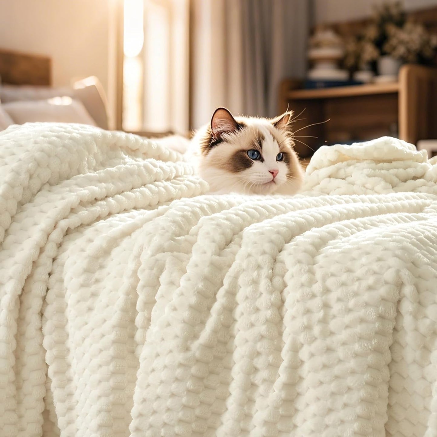 PHF Ultra Soft Flannel Fleece Blanket Queen Size, Lightweight 3D Jacquard Fleece Blanket, No Shedding, No Pilling, Luxury 340GSM Aesthetic Fluffy Cozy for Bed Room Decor, 90"x90", Camel/Light Khaki