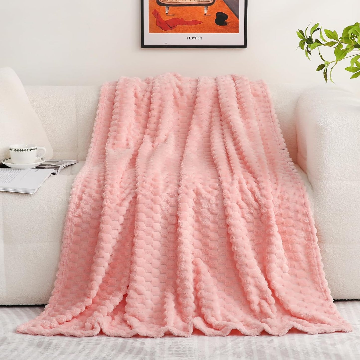 Puncuntex Hot Pink Throw Blanket 50"×60" inches Gifts for Mom Fuzzy 3D Jacquard Decorative Flannel Fleece Super Soft Plush Cozy Blanket for Couch Sofa Chair Lightweight