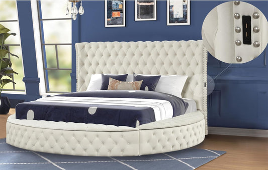 Luxury Round Bed Frame Queen - Velvet Circle Bed with Deep Button Tufting and Footboard Storage Modern Velvet Upholstered Beds with Wingback Headboard Include US- B Chargers and Speakers (Cream)