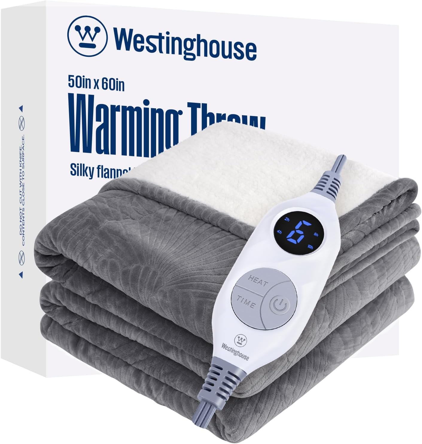 Westinghouse Heated Throw Blanket, Flower Jacquard Electric Blanket Throw with 6 Heating Levels and 2-10 Hours Auto-Off, Flannel to Sherpa Super Cozy Heated Blanket, Machine Washable (50" x 60" Beige)